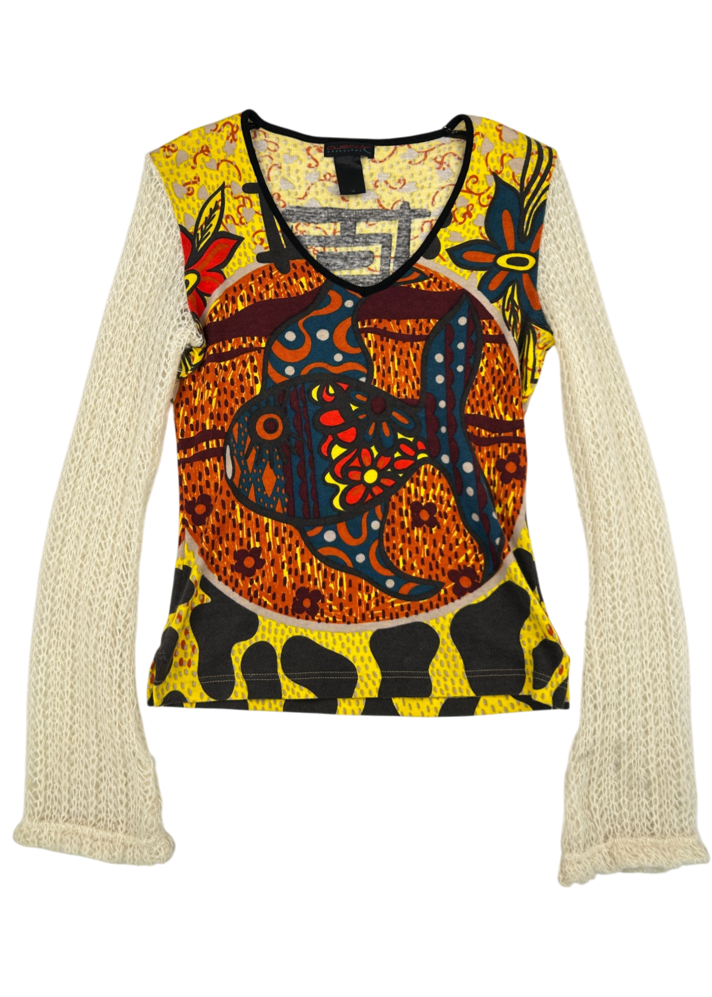 CUSTO BARCELONA (AS IS) Fish Print Top W/ Mohair Knit Sleeves