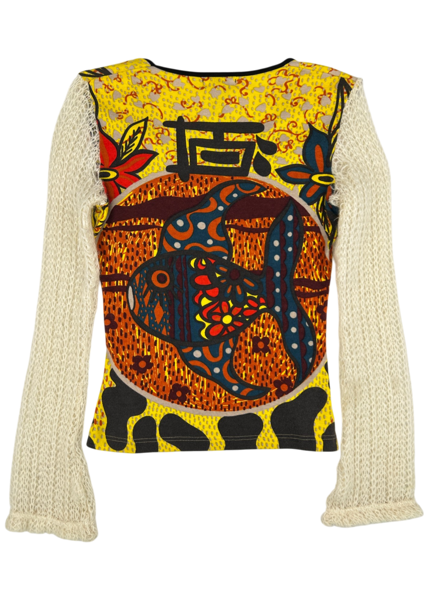 CUSTO BARCELONA (AS IS) Fish Print Top W/ Mohair Knit Sleeves