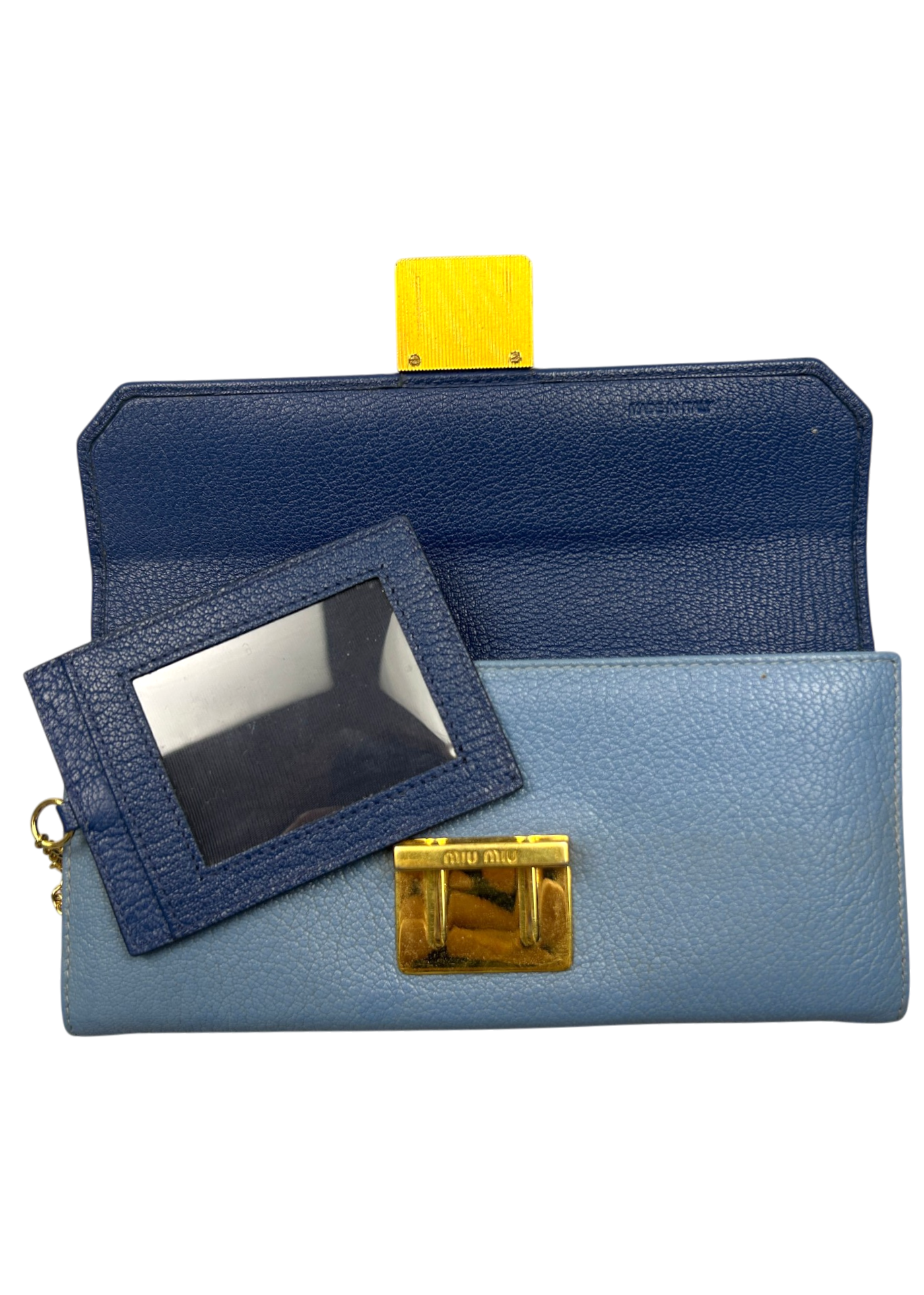 MIU MIU Blue/Gold Two Tone Leather Long Wallet W/ ID Chain