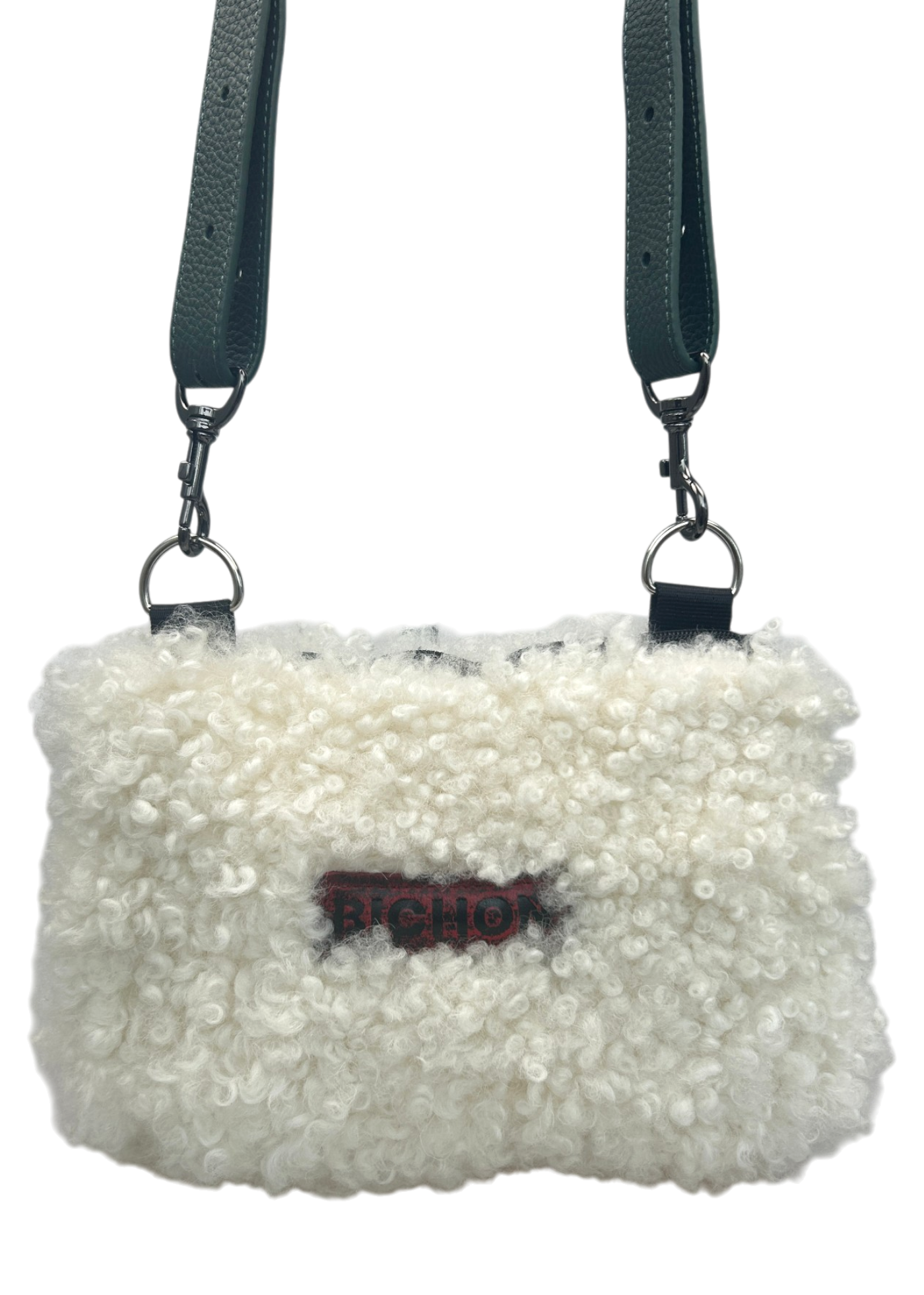 BICHON POCKETS White Shearling Bag W/ Green Leather Strap