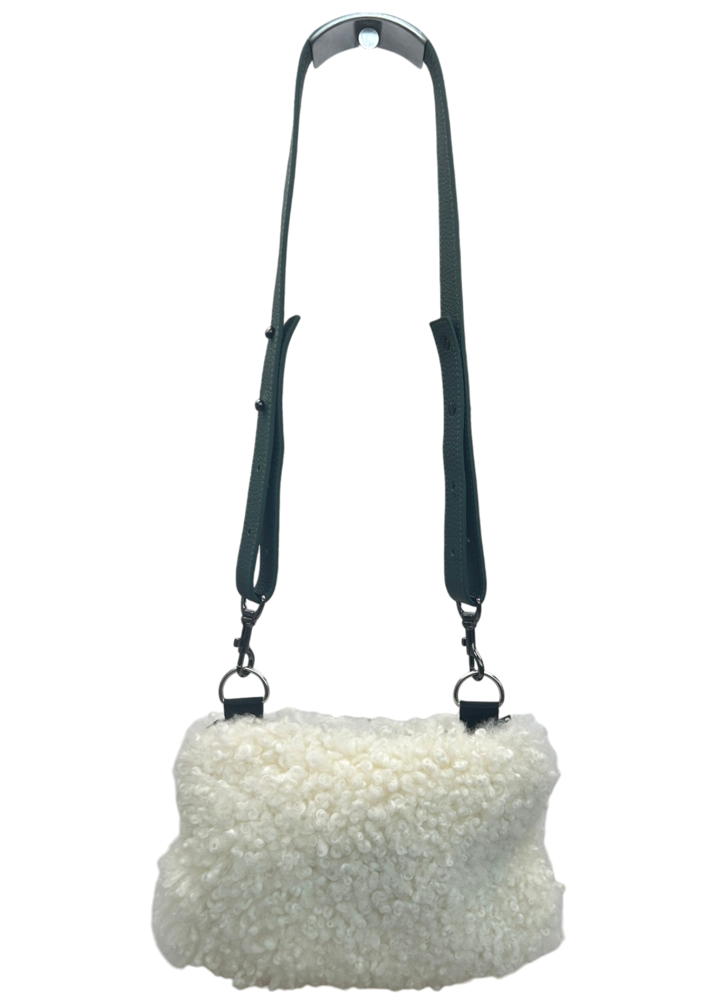 BICHON POCKETS White Shearling Bag W/ Green Leather Strap