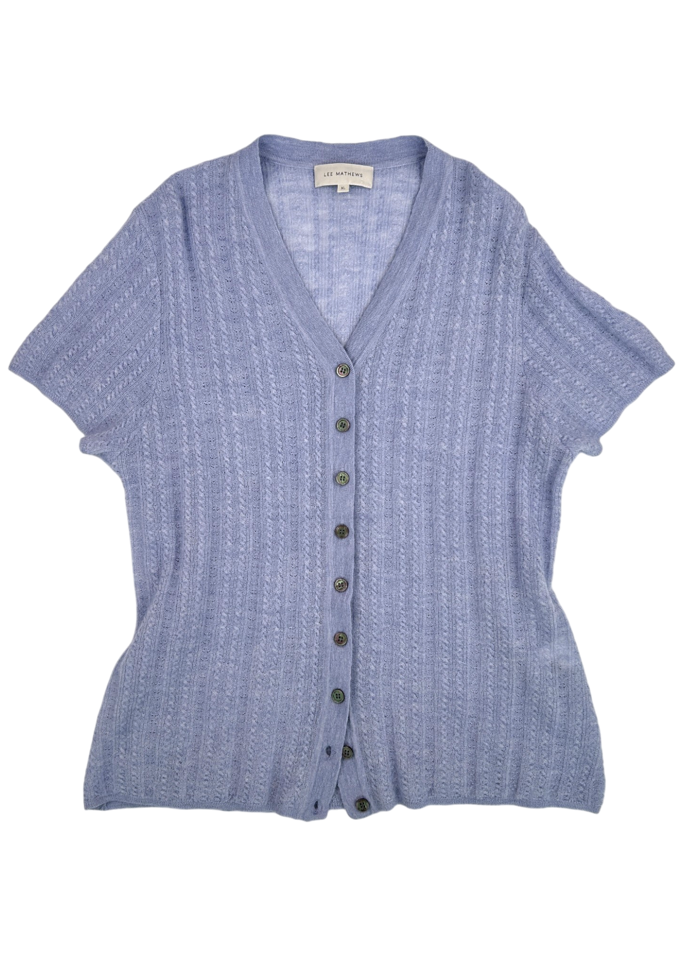 LEE MATHEWS Periwinkle Mohair/Wool Blend SS Cable Knit Button Up Top