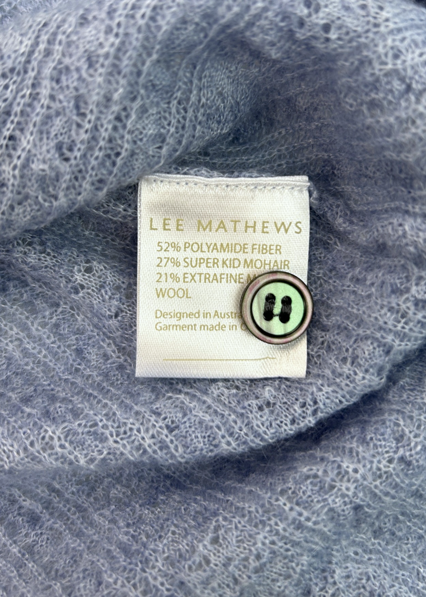 LEE MATHEWS Periwinkle Mohair/Wool Blend SS Cable Knit Button Up Top
