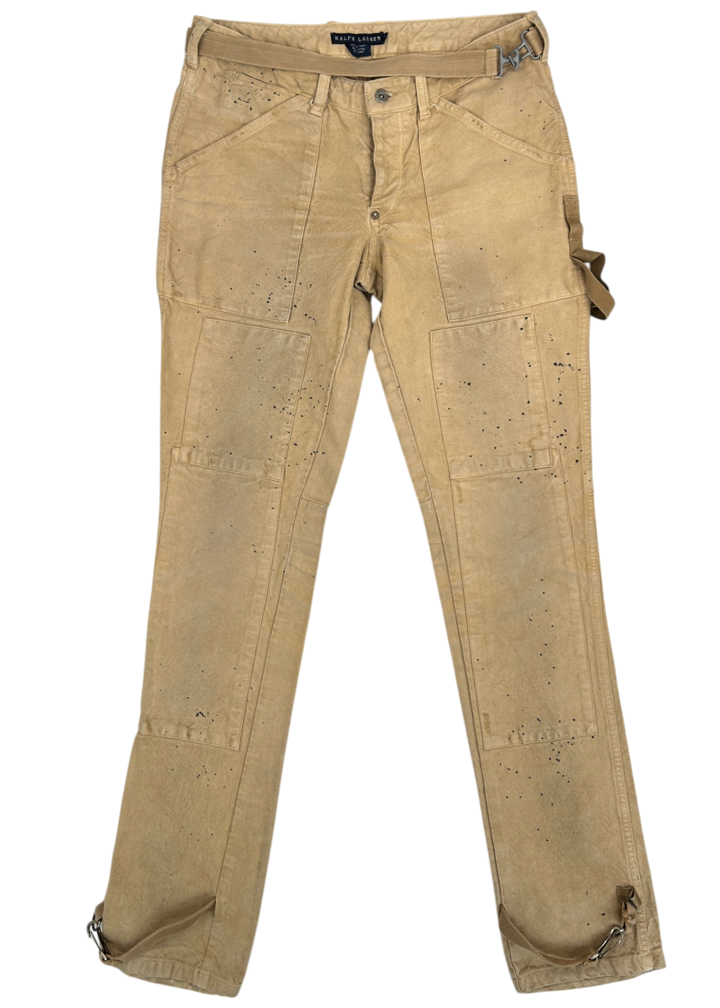 RALPH LAUREN 2000s Beige Paint Splatter Slim Carpenter Pants W/ Harness