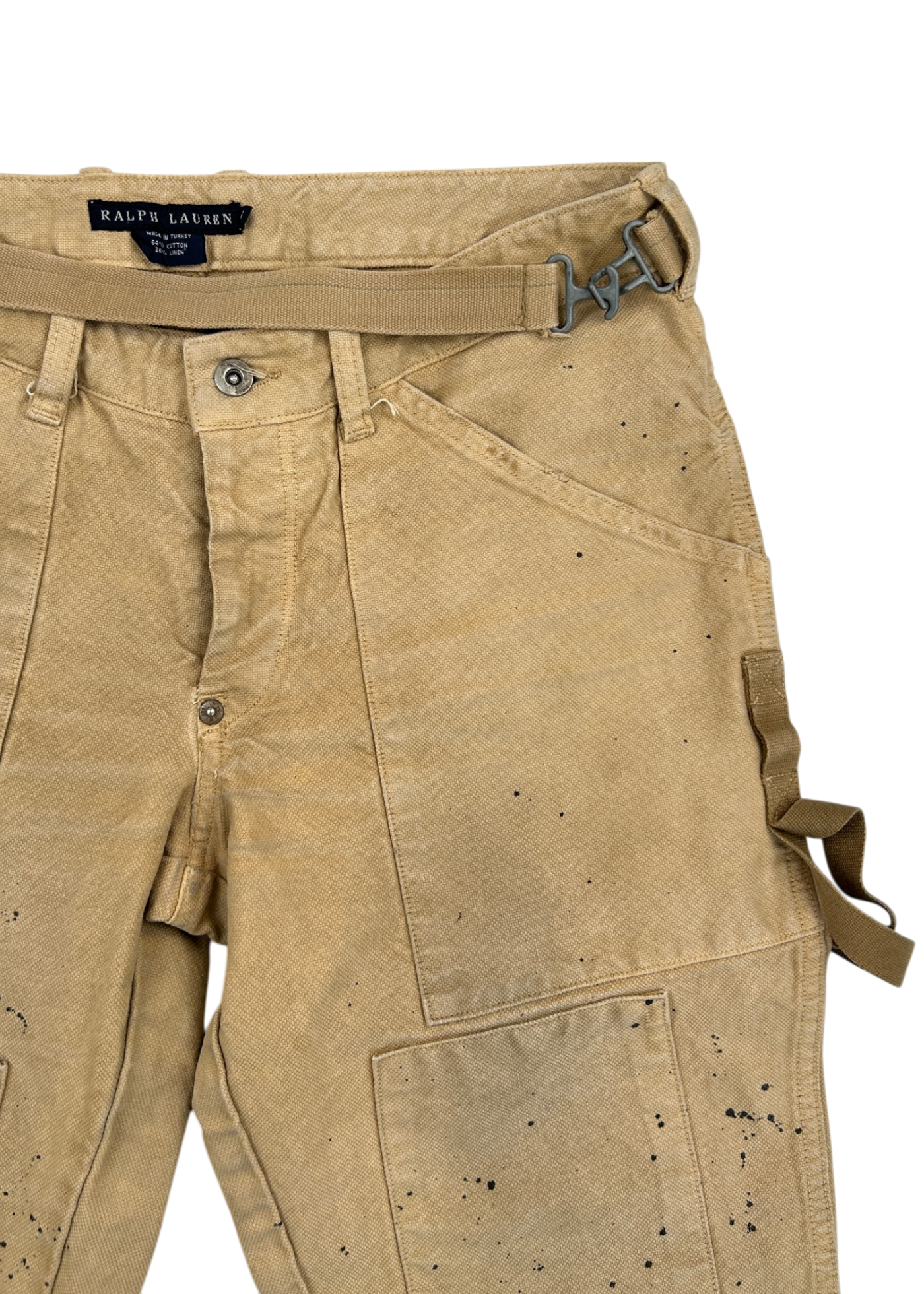RALPH LAUREN 2000s Beige Paint Splatter Slim Carpenter Pants W/ Harness