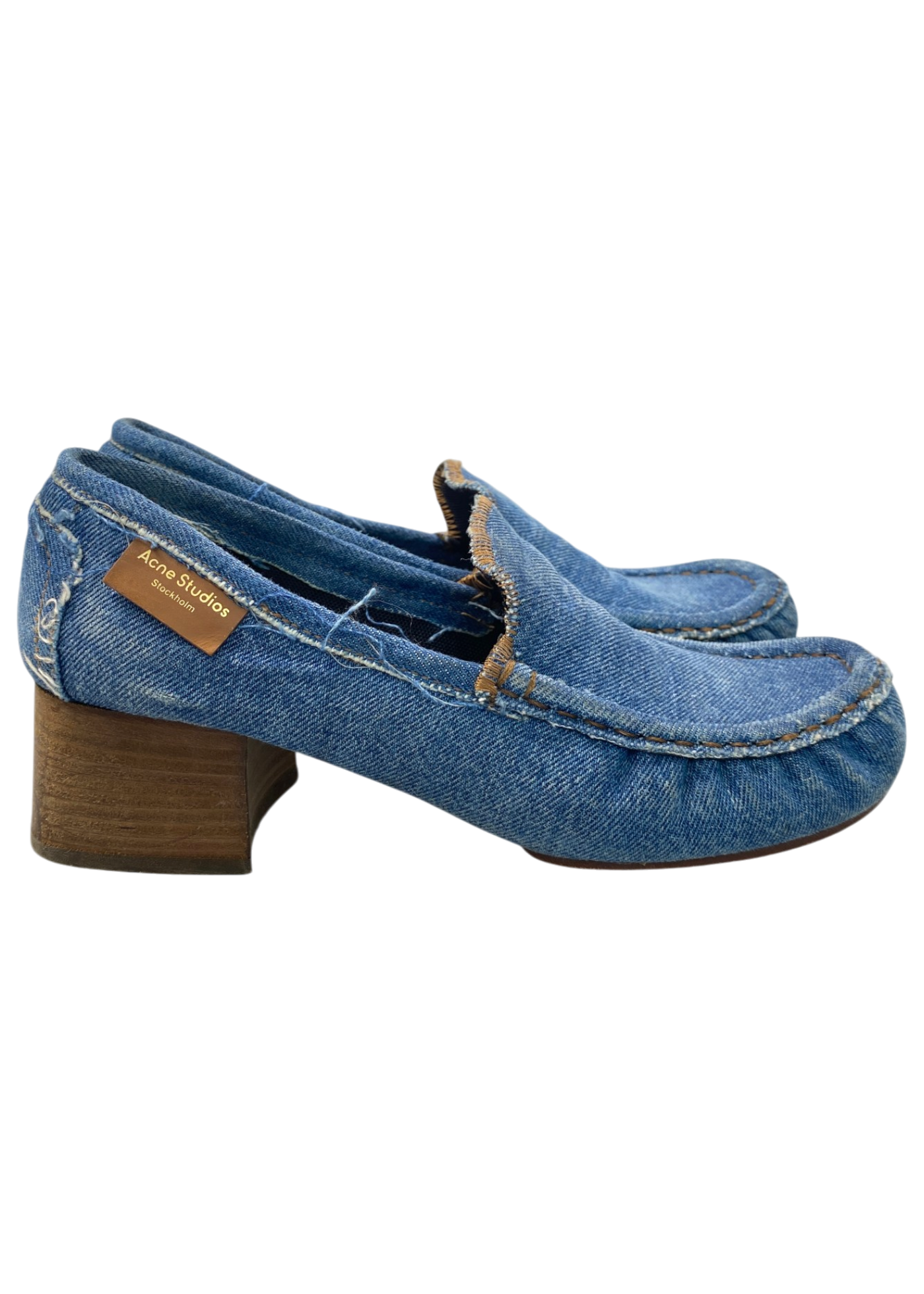 ACNE STUDIOS Light Wash Denim Block Heel Loafers