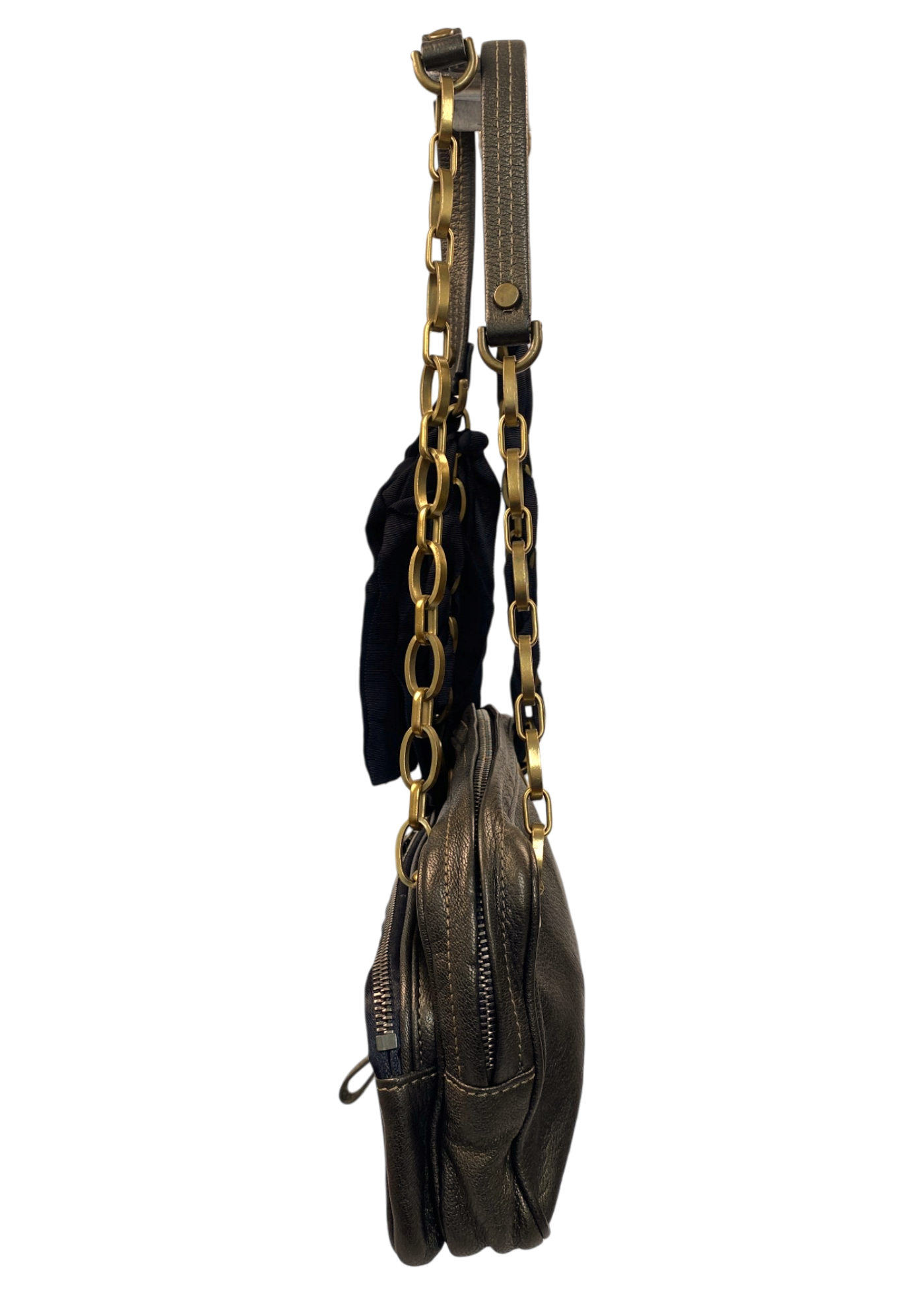 LANVIN Gunmetal Brown Leather Bag W/ Chain Strap