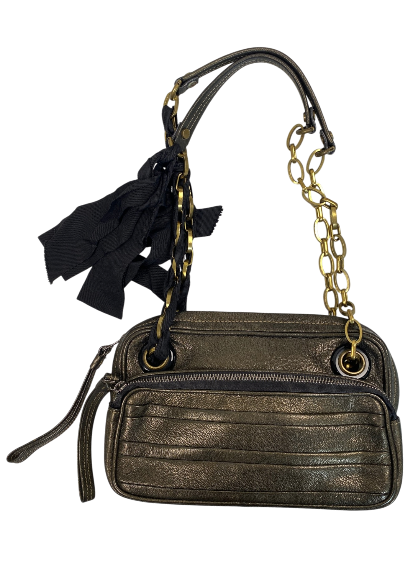 LANVIN Gunmetal Brown Leather Bag W/ Chain Strap