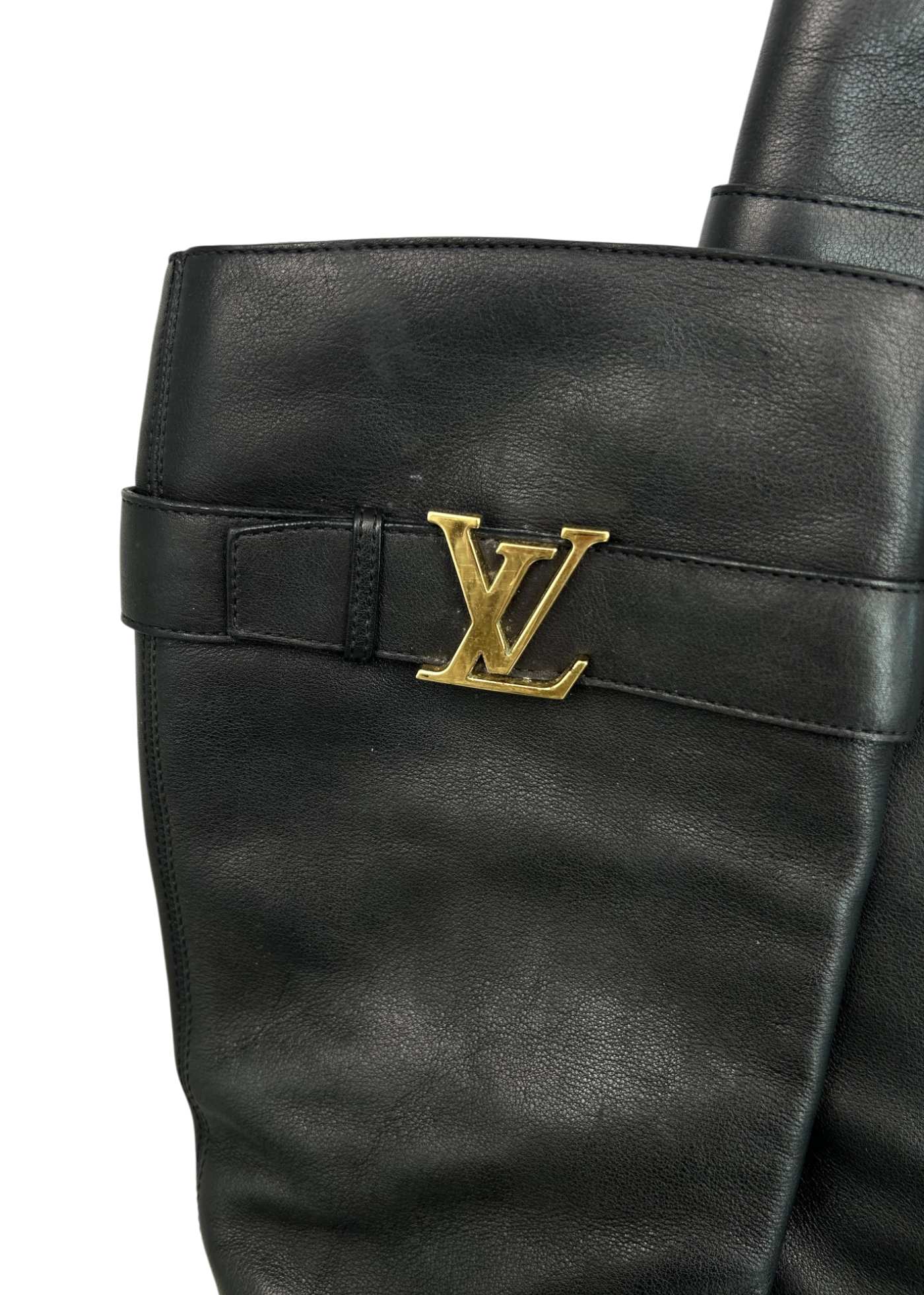 LOUIS VUITTON (AS IS) Gold Logo Buckle Knee High Heeled Leather Boots