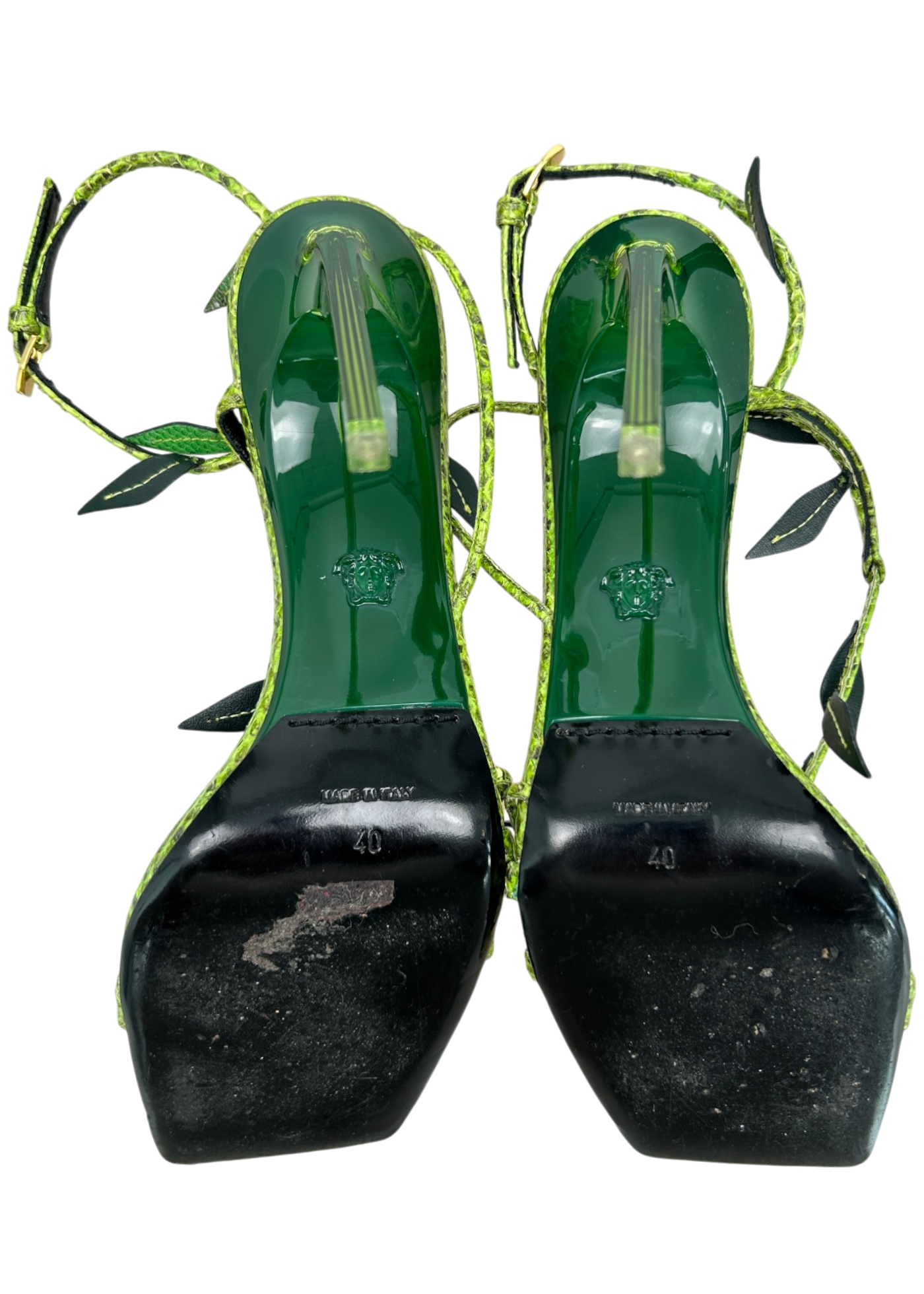 VERSACE 'Anthela' Green Snakeskin Leaf Stilettos