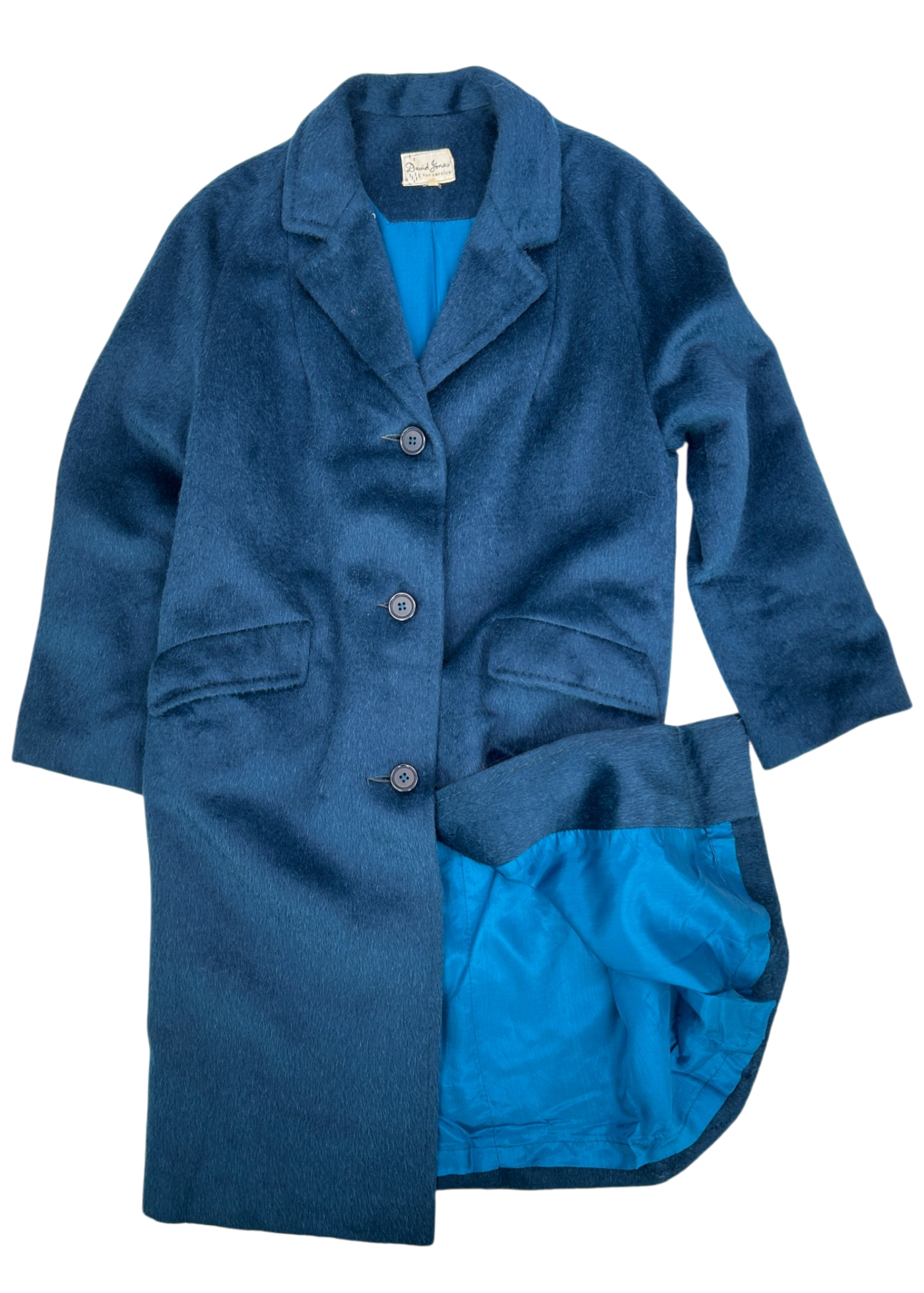 DAVID JONES Vintage 50s/60s Blue Brushed Midi Length Coat