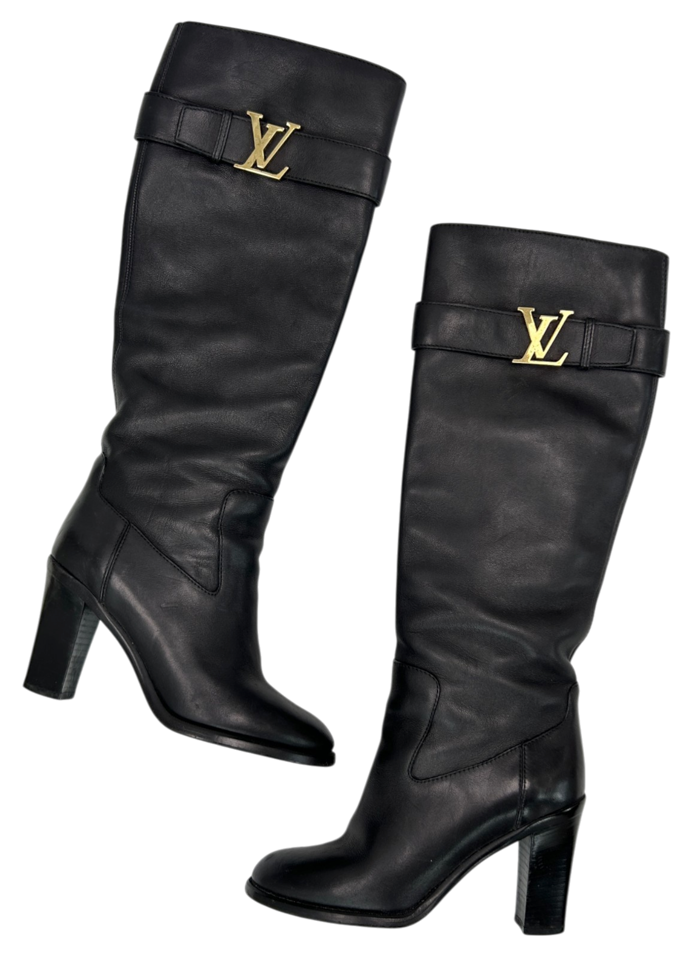LOUIS VUITTON (AS IS) Gold Logo Buckle Knee High Heeled Leather Boots