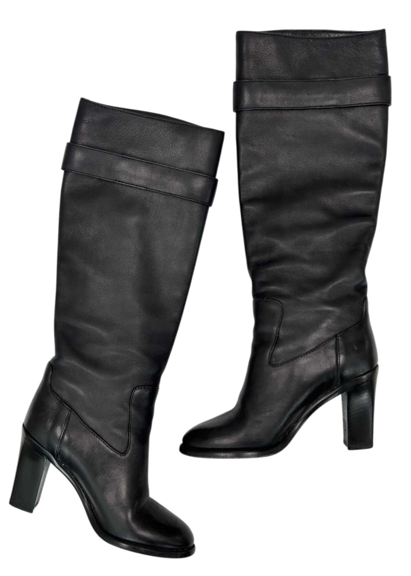 LOUIS VUITTON (AS IS) Gold Logo Buckle Knee High Heeled Leather Boots