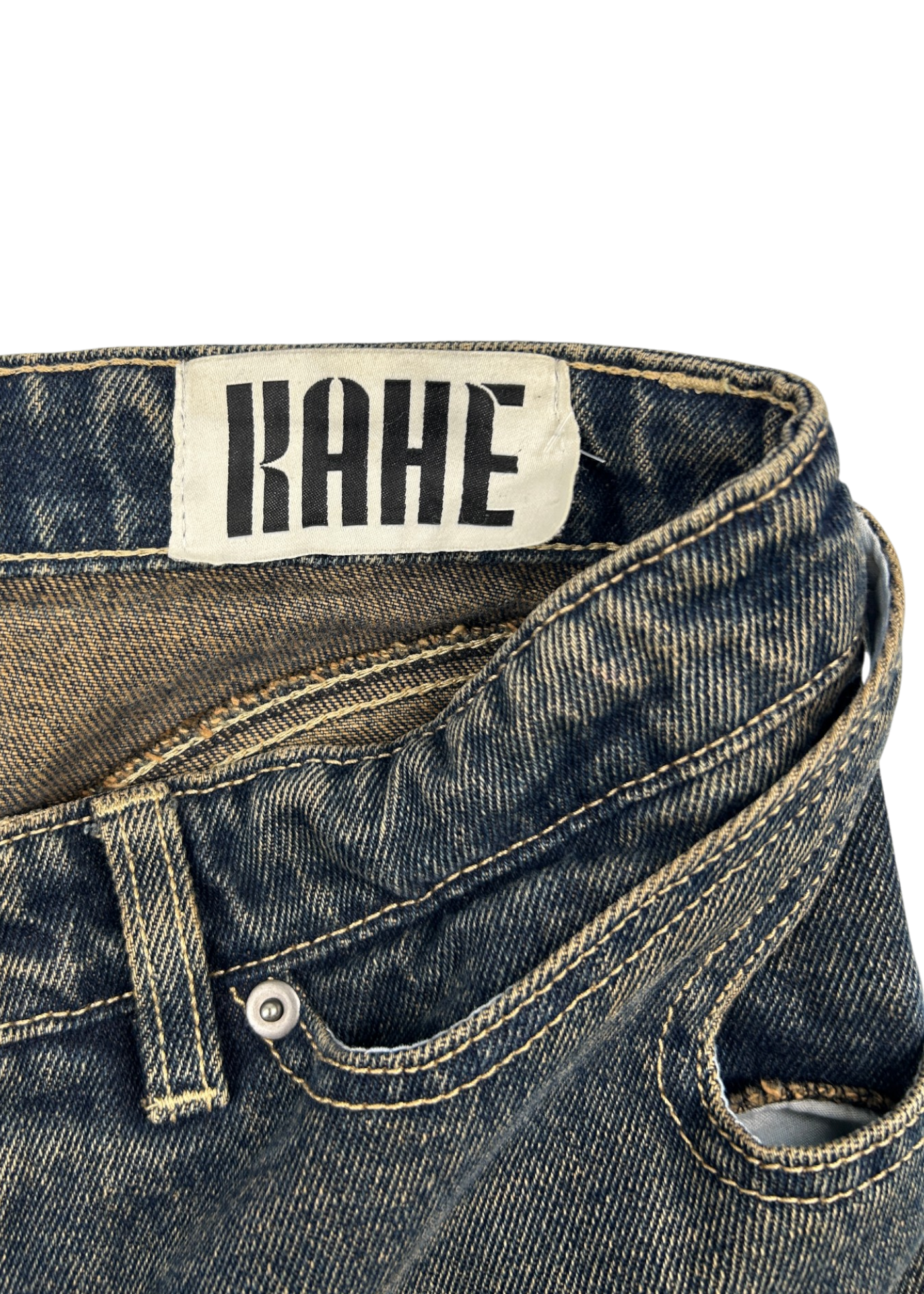 KAHE Indigo Fade Back Buckle Bootcut Jeans