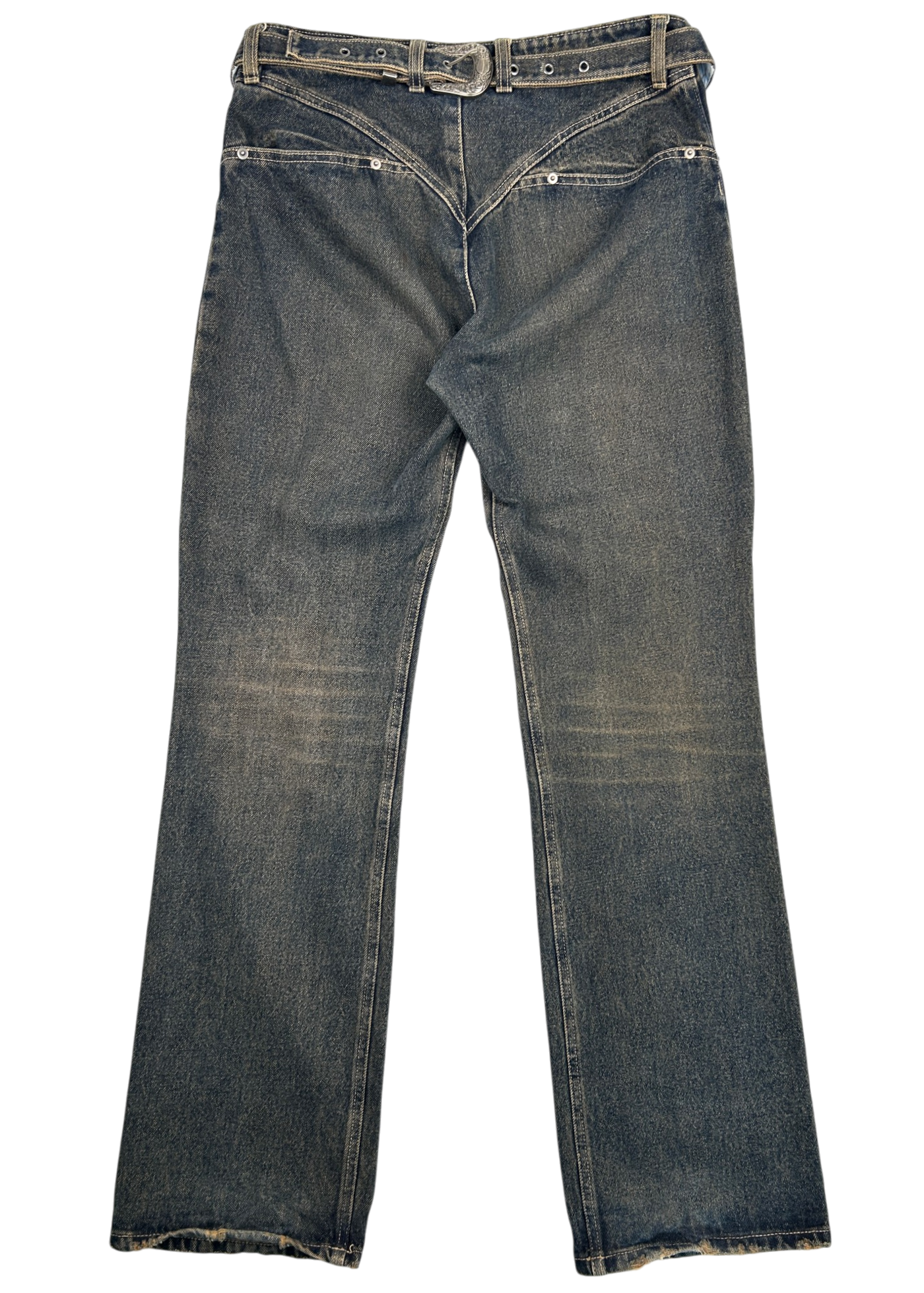 KAHE Indigo Fade Back Buckle Bootcut Jeans