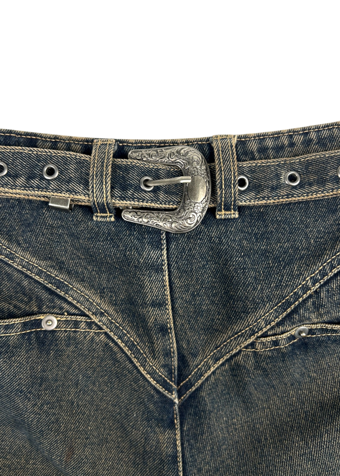 KAHE Indigo Fade Back Buckle Bootcut Jeans