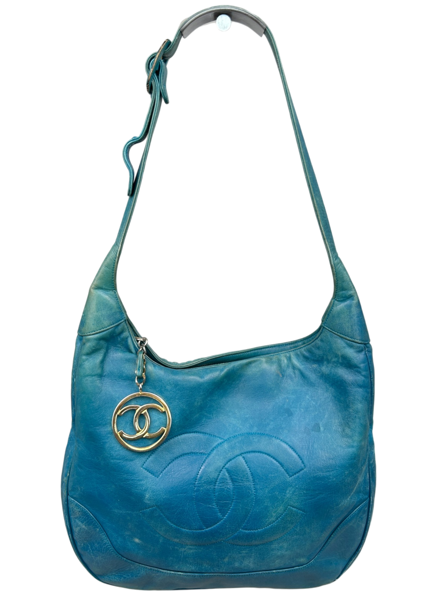 CHANEL VINTAGE (AS IS) 1989-1991 'Timeless CC Hobo' Turquoise Caviar Leather Bag