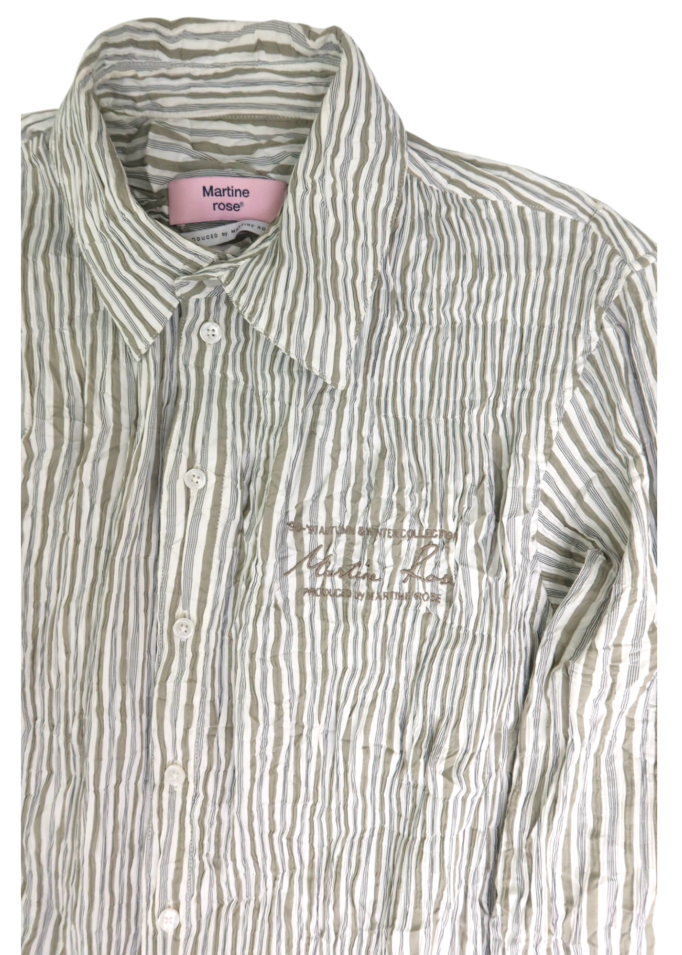 MARTINE ROSE (AS IS) Sage Green/White Stripe Smocked Crinkle Shirt