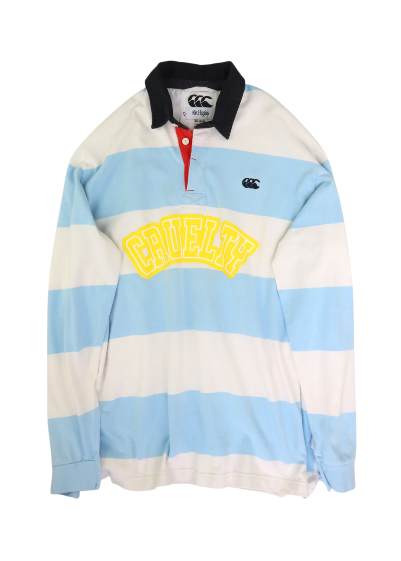 ALIX HIGGINS White/Baby Blue 'CRUELTY' Upcycled Polo