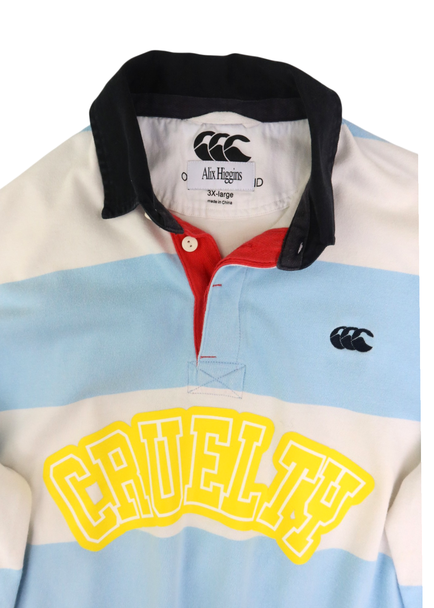 ALIX HIGGINS White/Baby Blue 'CRUELTY' Upcycled Polo