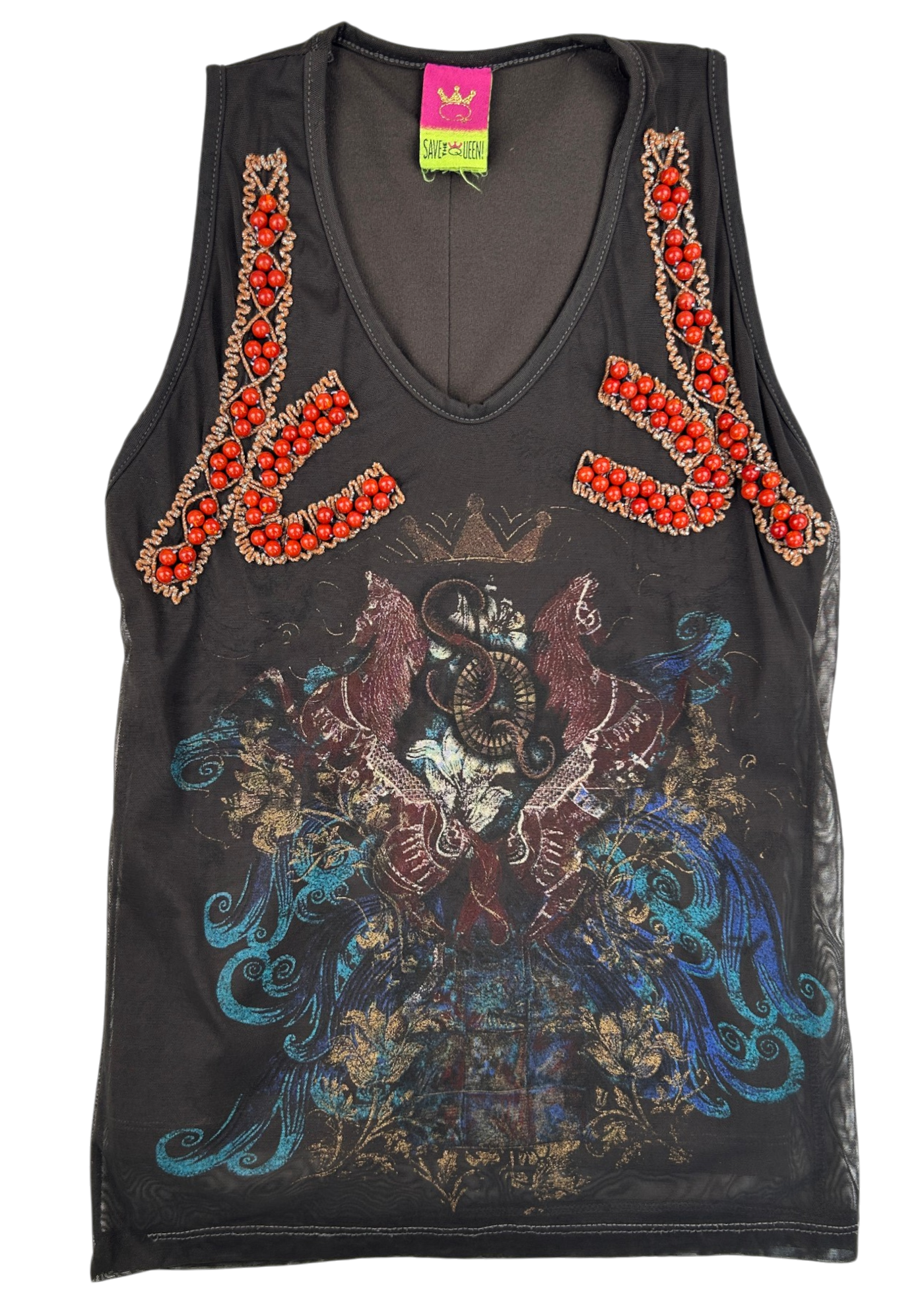 SAVE THE QUEEN Vintage Grey Printed/Beaded Mesh Double Layer Singlet
