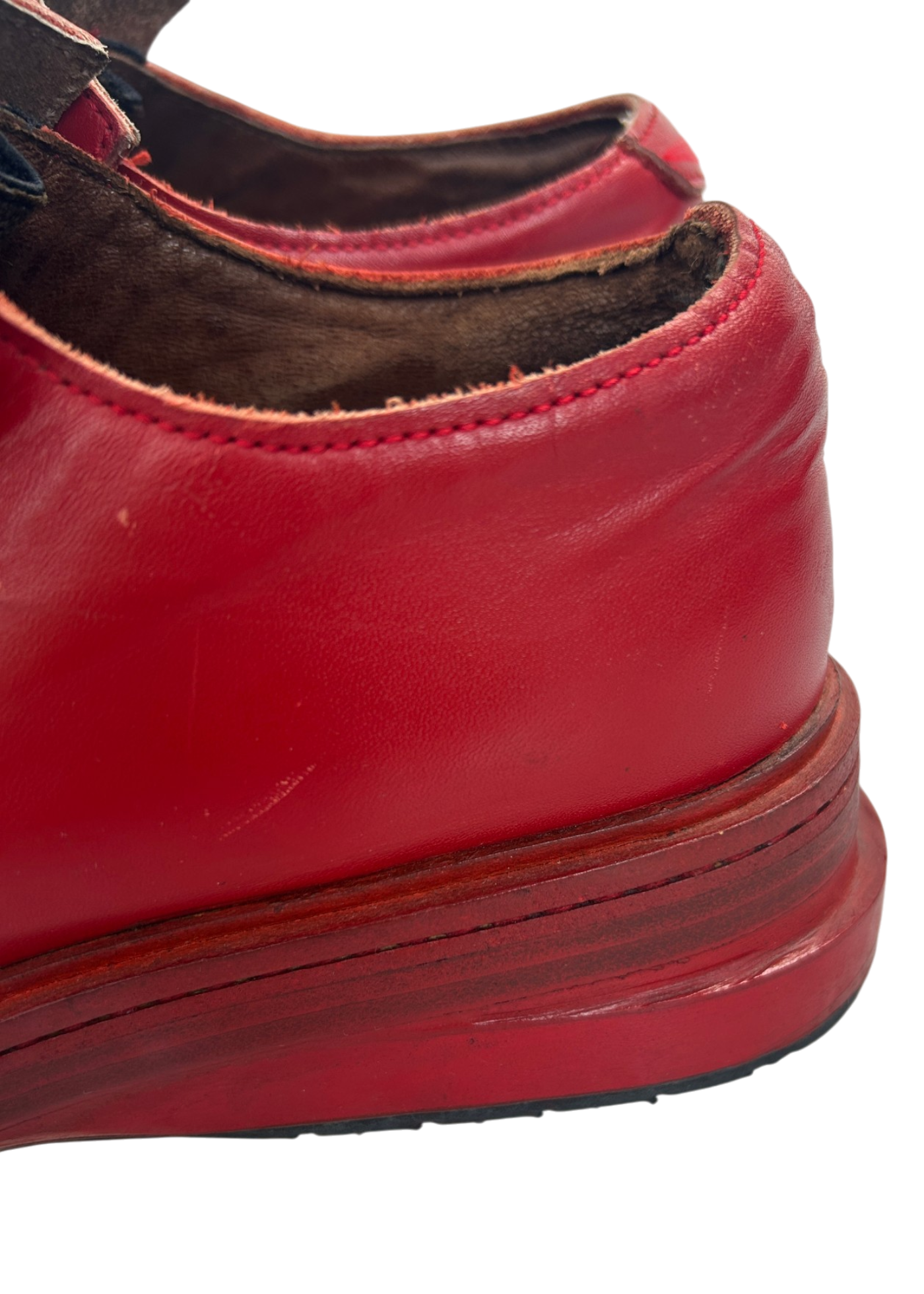 DIRK BIKKEMBERGS (AS IS) 1995 Red Leather/Wood Velcro Loafers