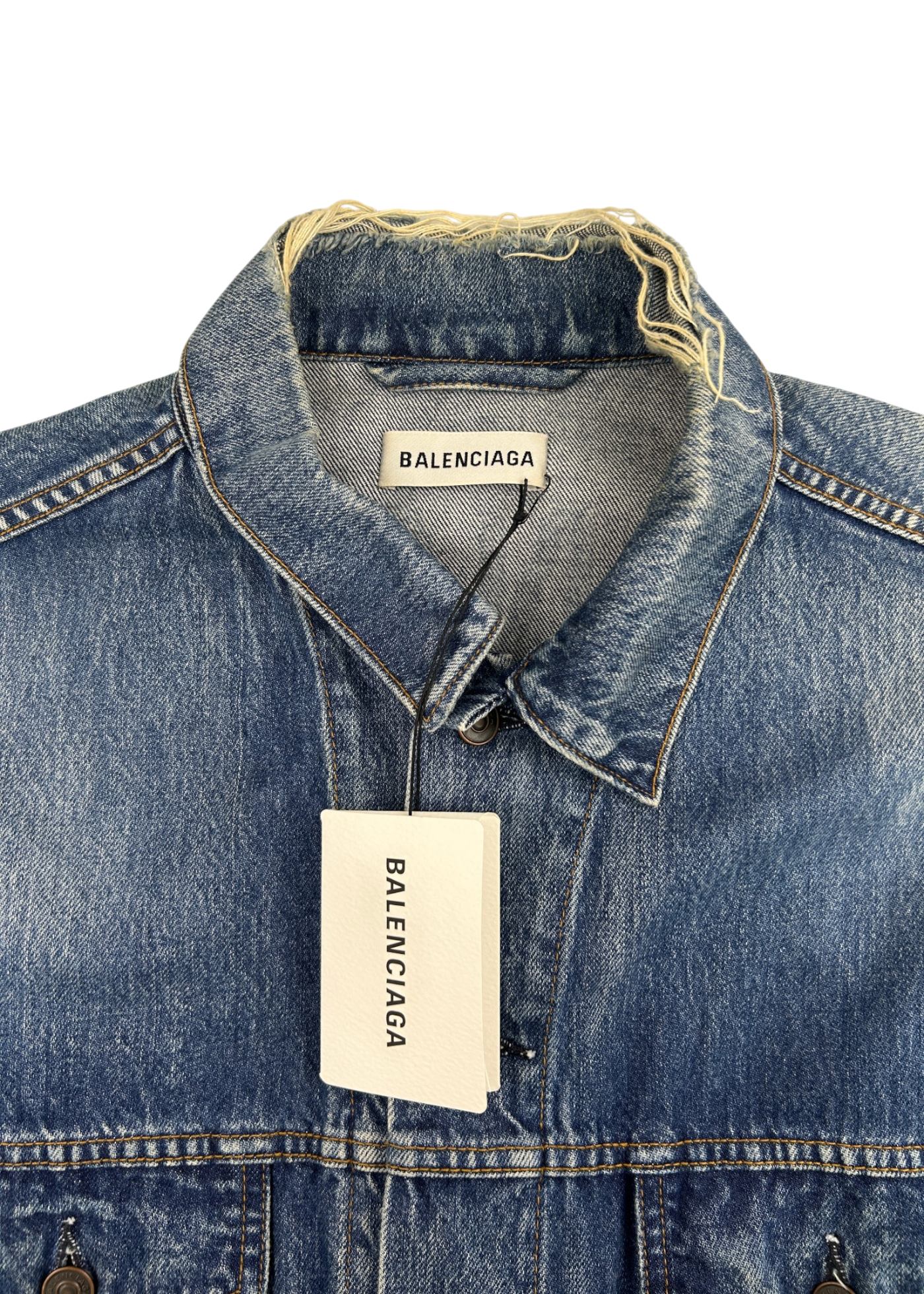 BALENCIAGA (NWT) 2017 Distressed Collar Logo Back Denim Trucker Jacket