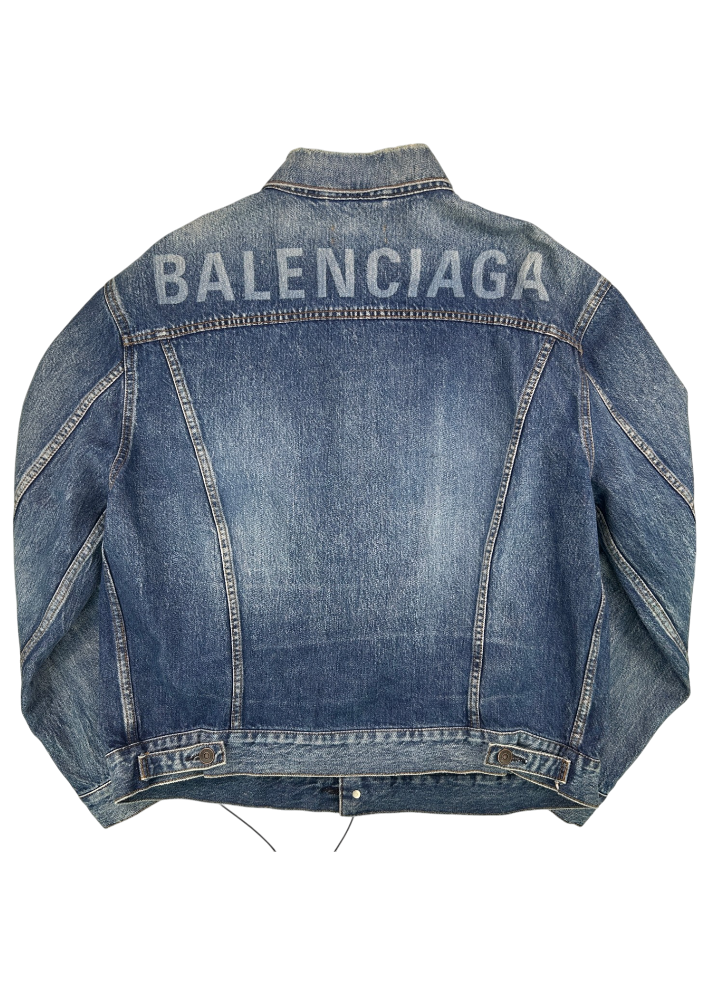 BALENCIAGA (NWT) 2017 Distressed Collar Logo Back Denim Trucker Jacket