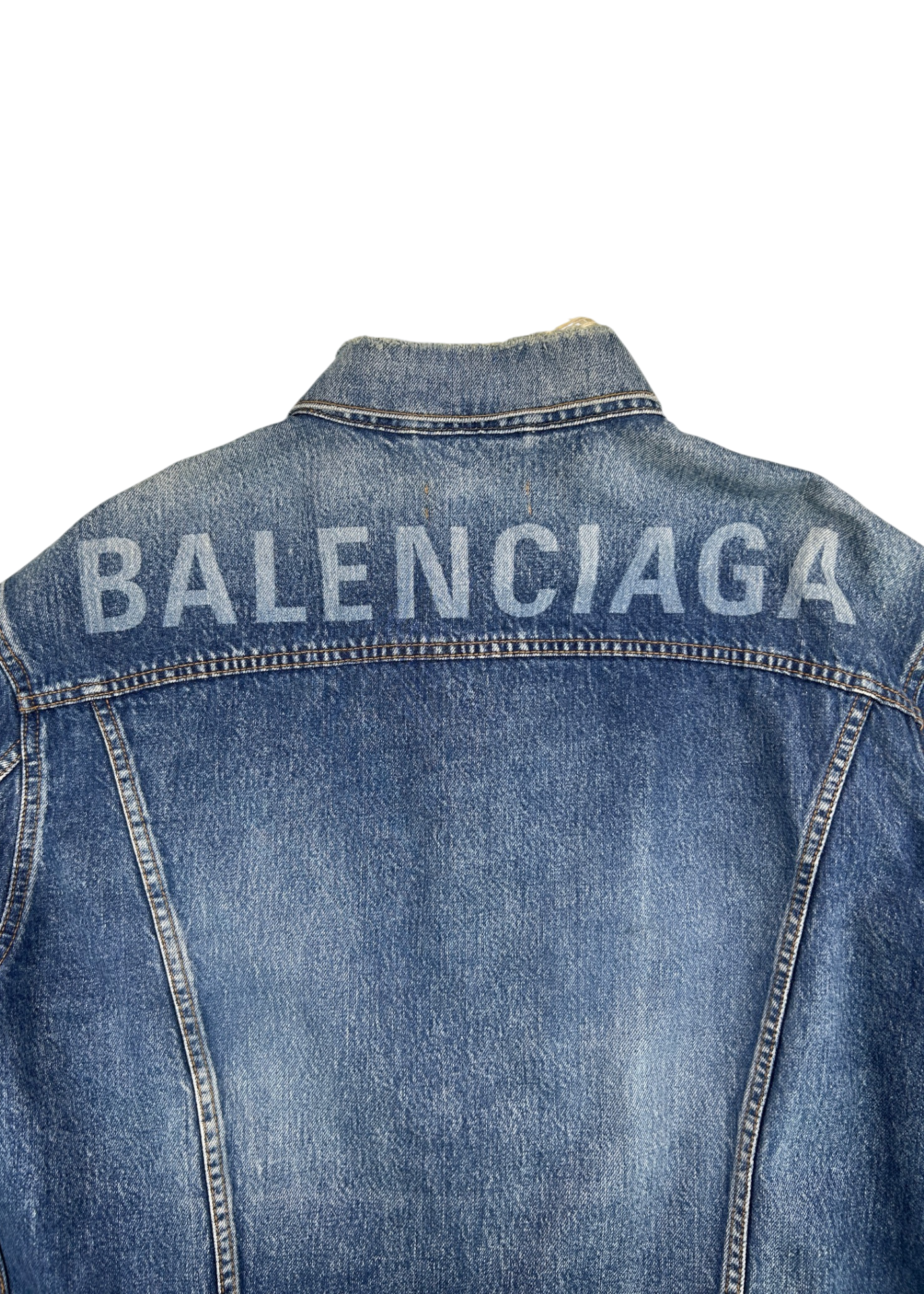 BALENCIAGA (NWT) 2017 Distressed Collar Logo Back Denim Trucker Jacket