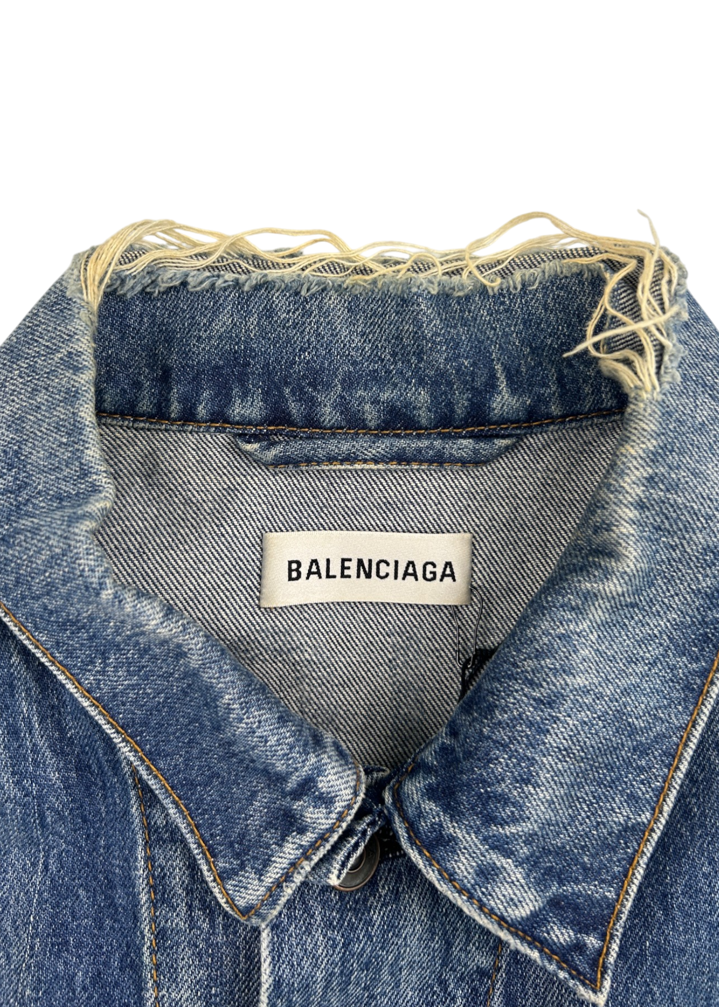 BALENCIAGA (NWT) 2017 Distressed Collar Logo Back Denim Trucker Jacket