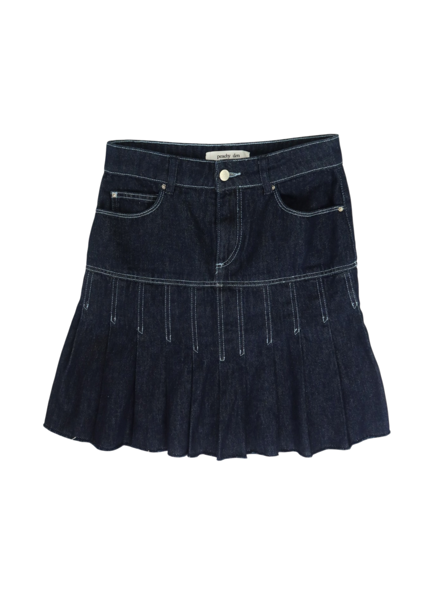 PEACHY DEN Dark Wash Contrast Stitch Pleated Mini Skirt