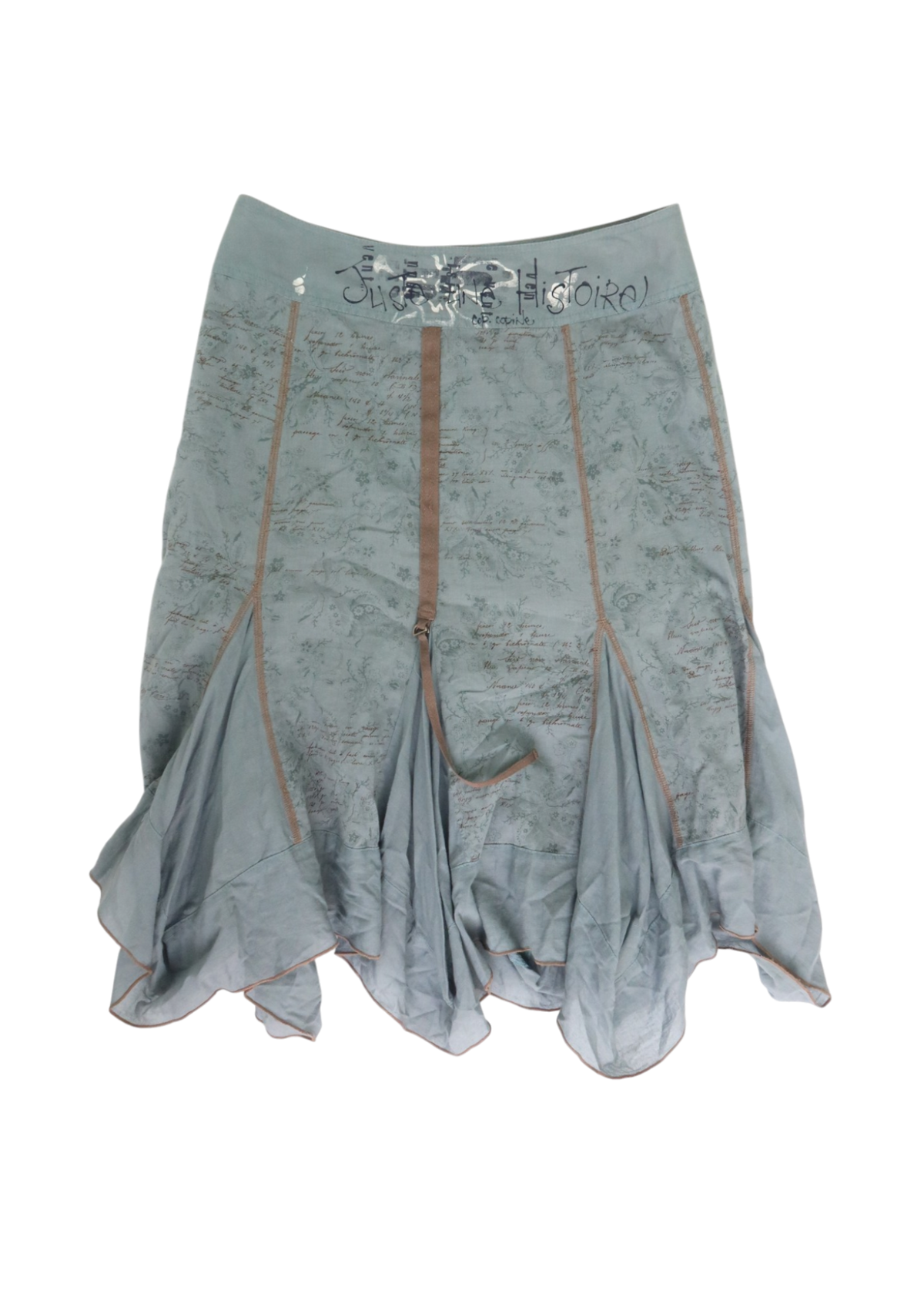 COP COPINE Slate Blue Floral/Text Print Asymmetric Overlocked Midi Skirt