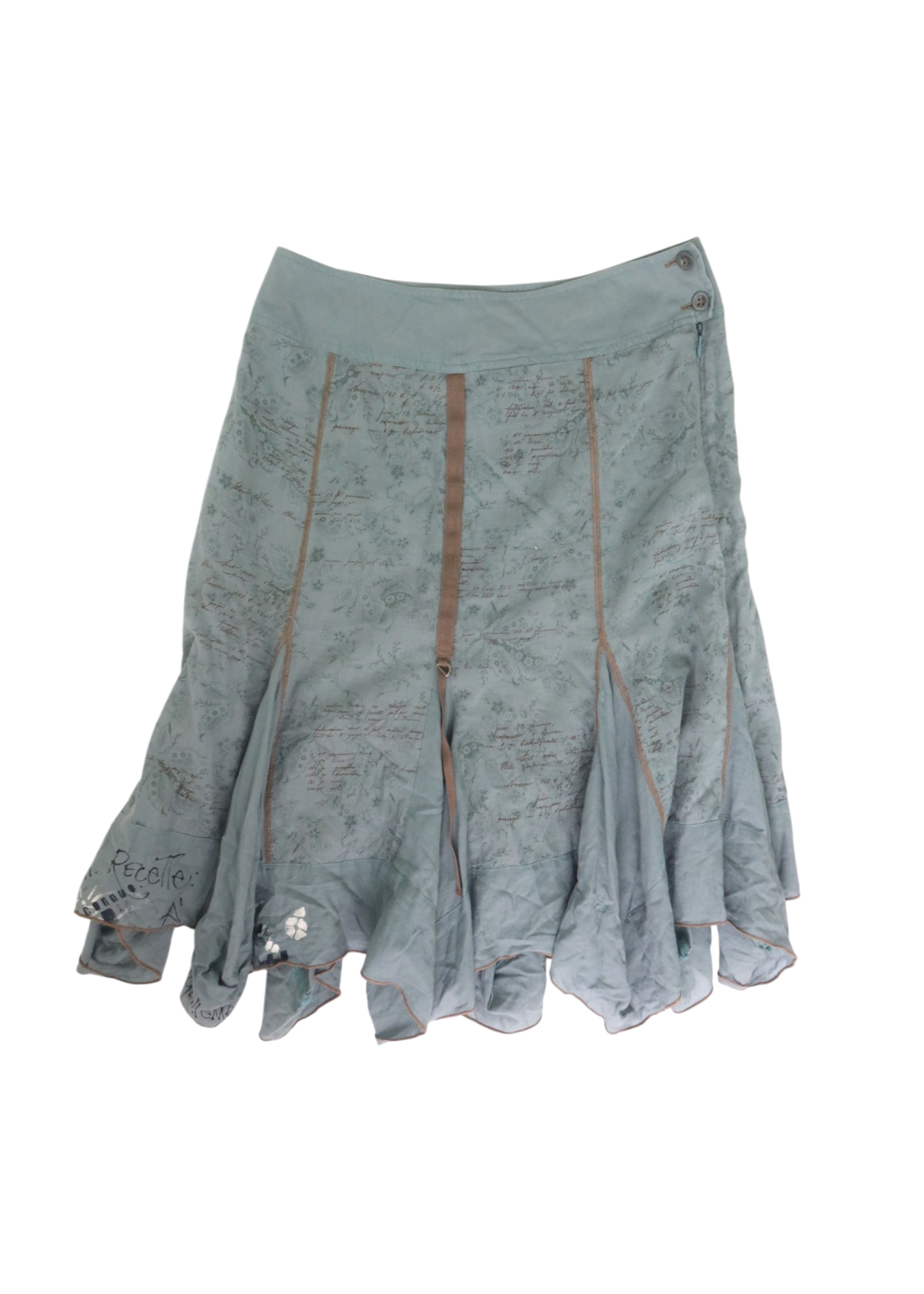 COP COPINE Slate Blue Floral/Text Print Asymmetric Overlocked Midi Skirt