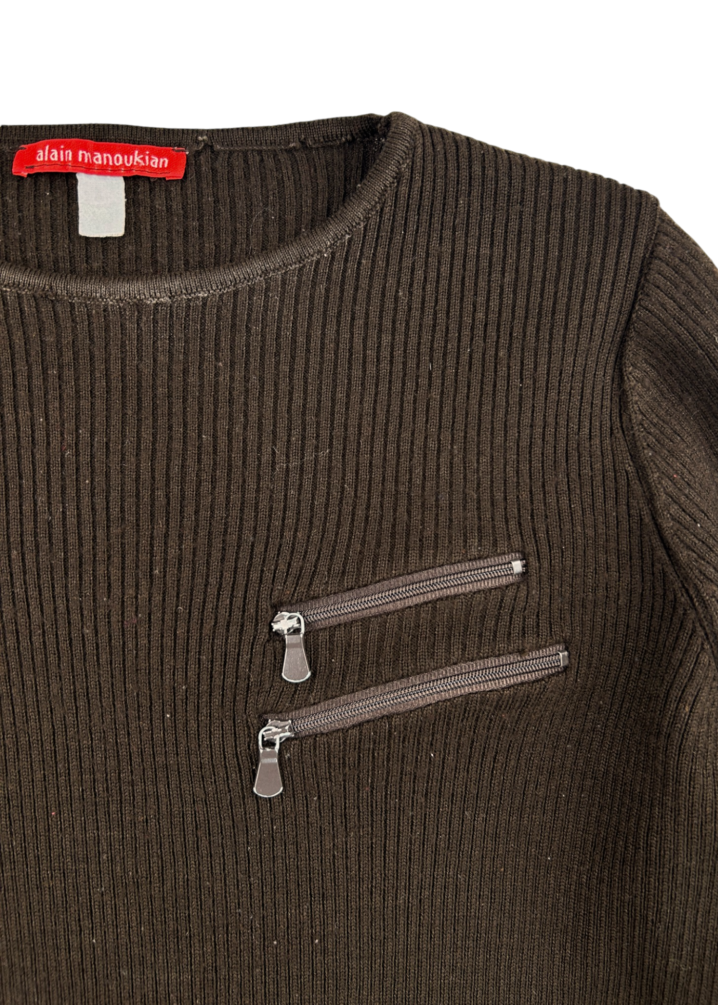 ALAIN MANOUKIAN (AS IS) Brown Wool Blend Rib Zipper Chest Jumper