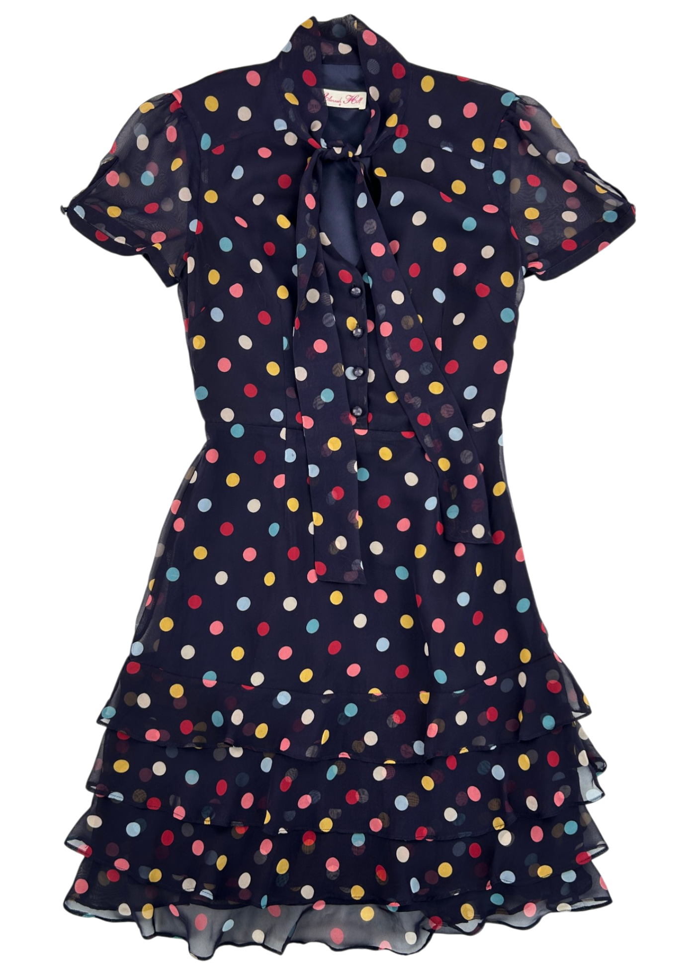 ALANNAH HILL Vintage Navy Polka Dot Tiered Hem Dress W Pussy Bow
