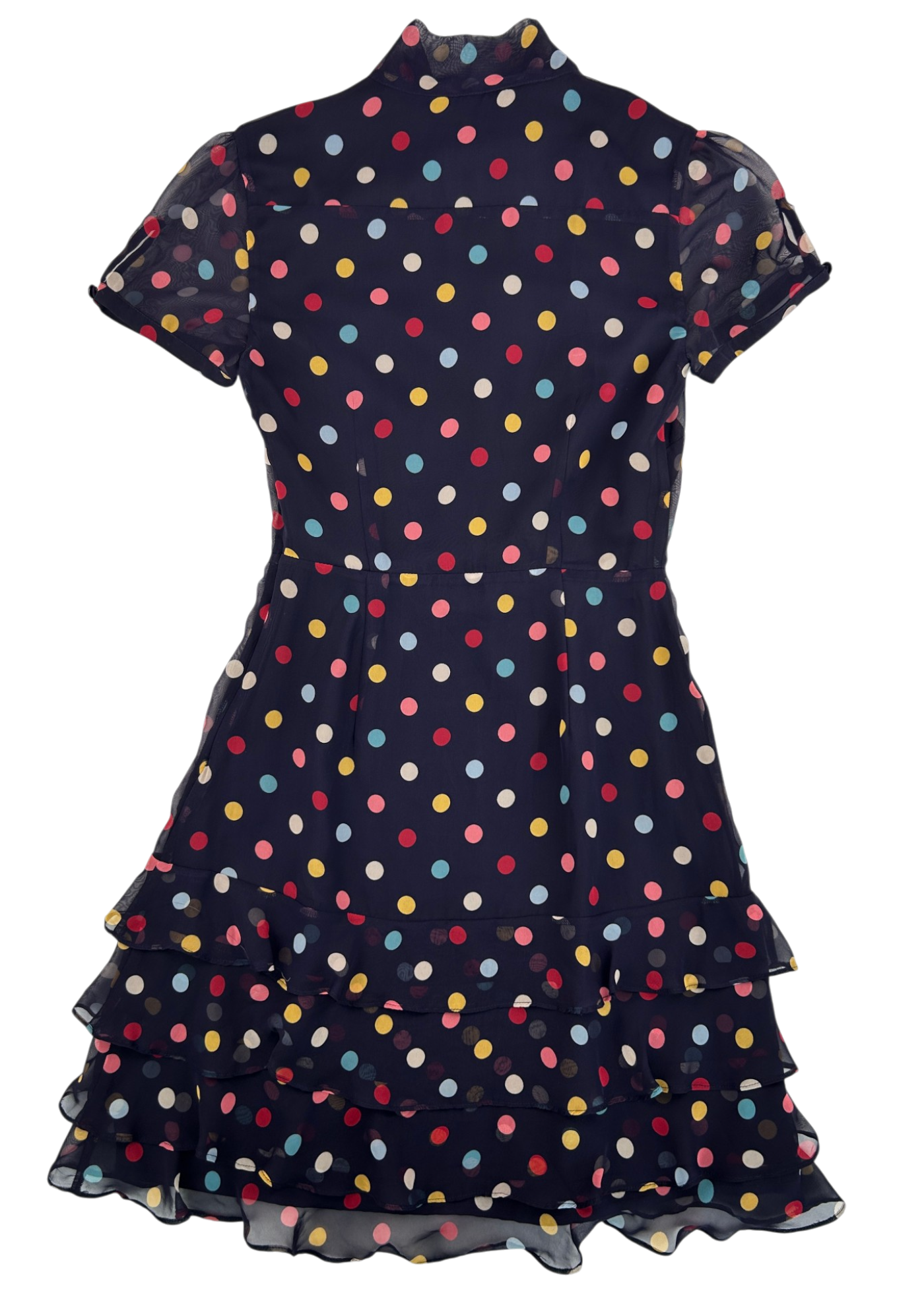 ALANNAH HILL Vintage Navy Polka Dot Tiered Hem Dress W Pussy Bow