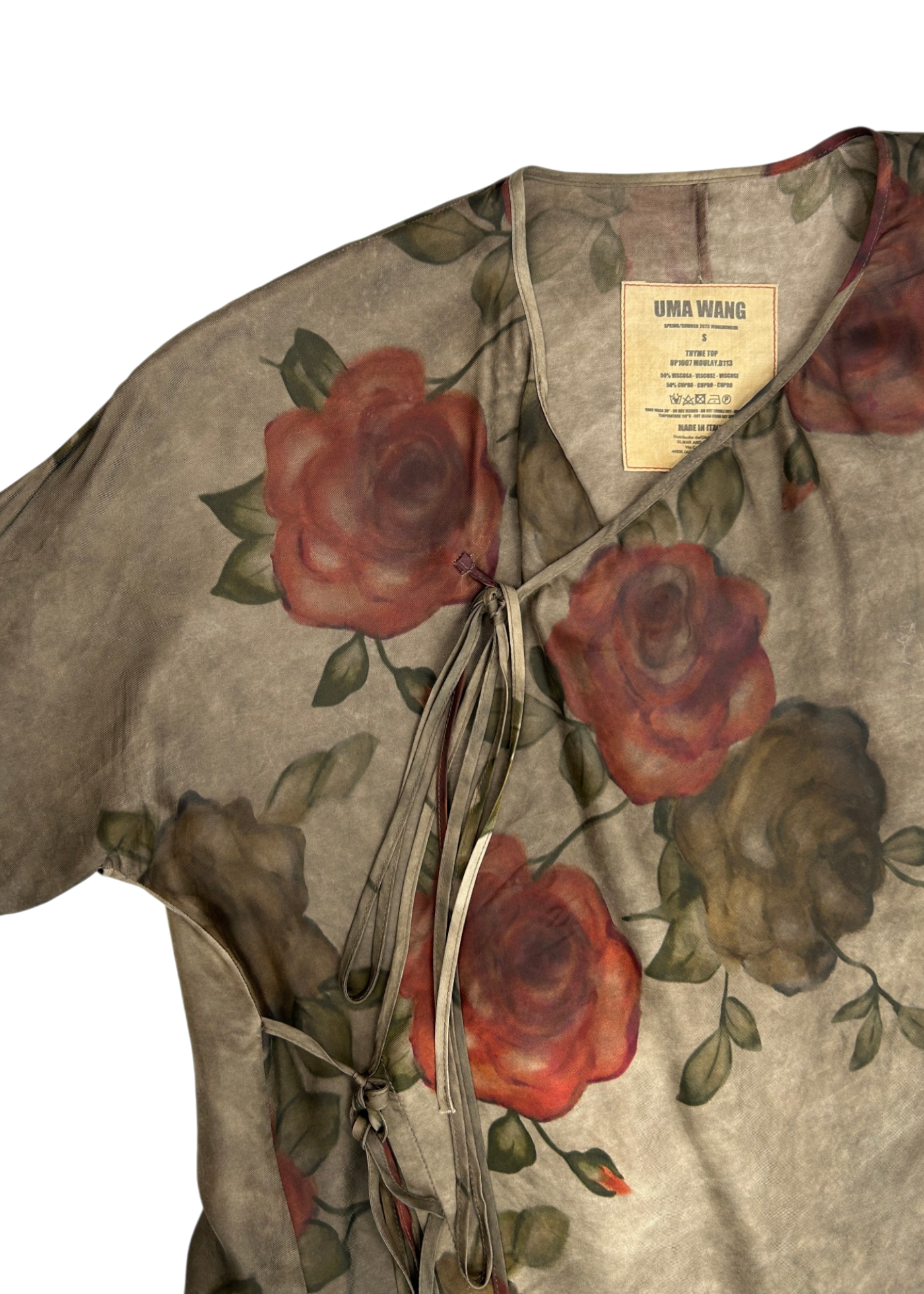 UMA WANG S/S 2023 'Thyme' Olive Green Rose Side Tie Blouse