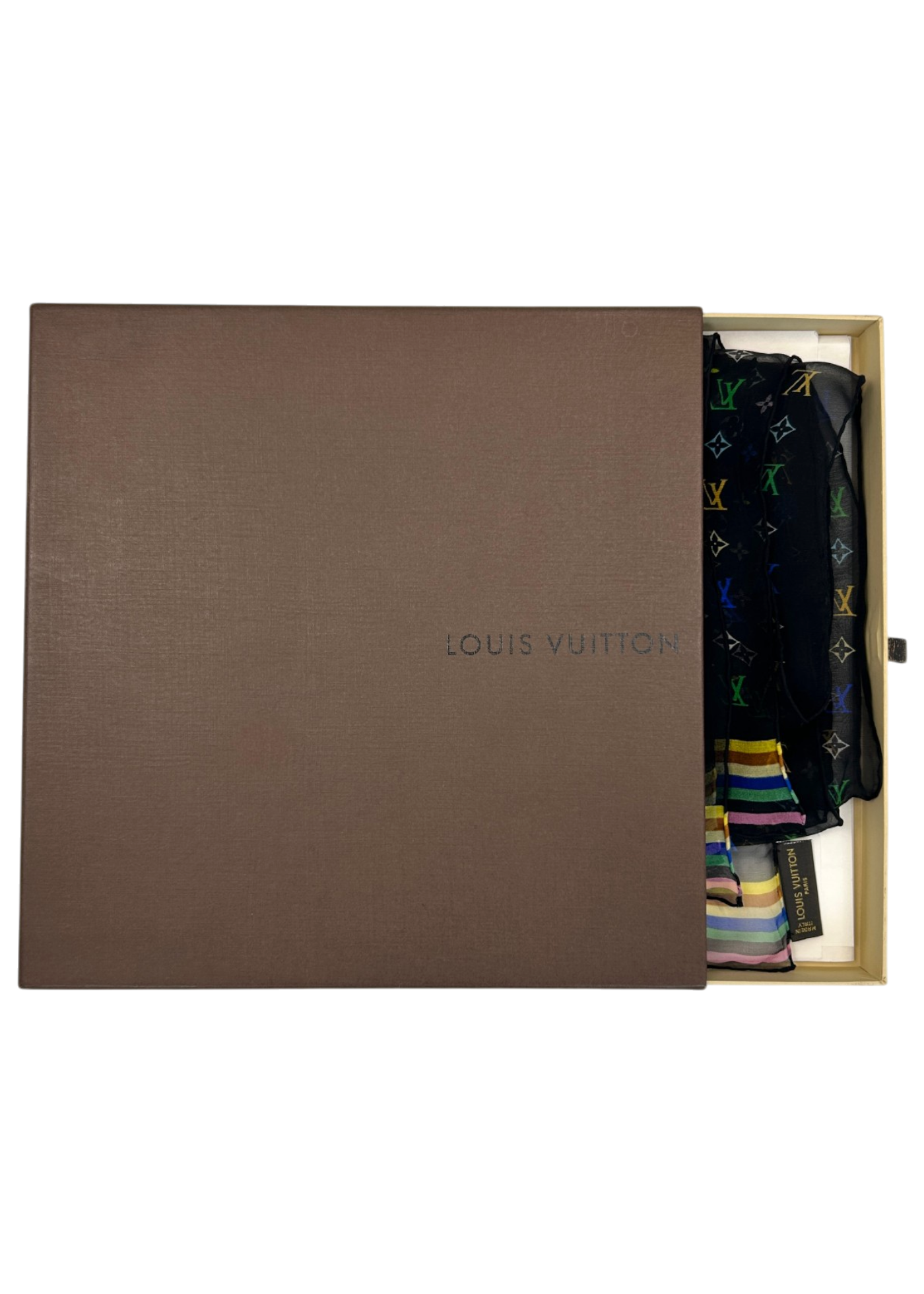 LOUIS VUITTON (AS IS) x Takashi Murakami Silk Monogram Scarf w Box