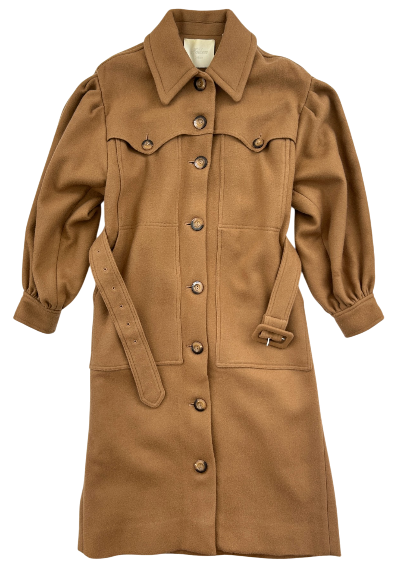 DOEN 'Northerner Duster' Camel Brown Wool Belted Coat W/ Puff Sleeves