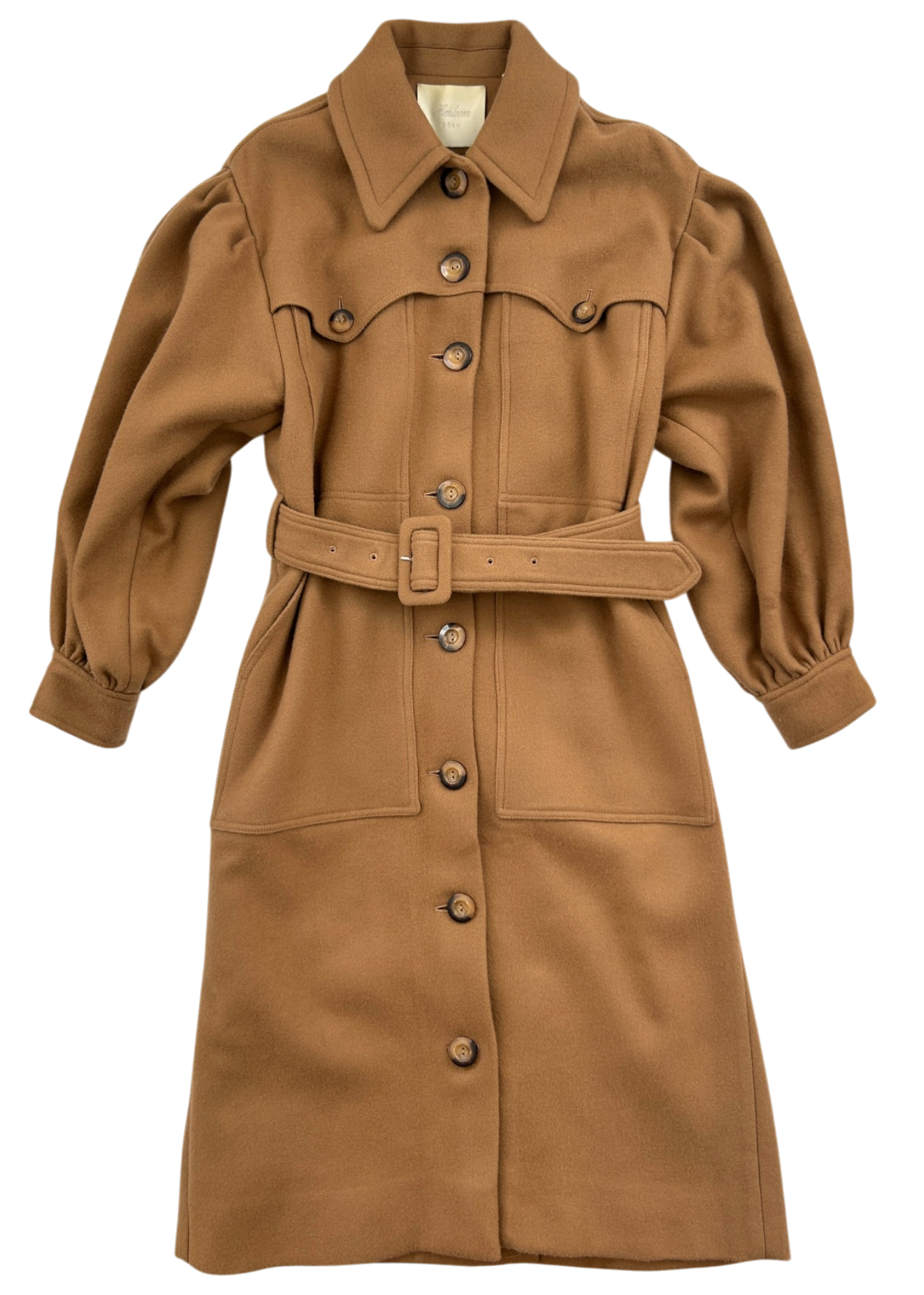 DOEN 'Northerner Duster' Camel Brown Wool Belted Coat W/ Puff Sleeves