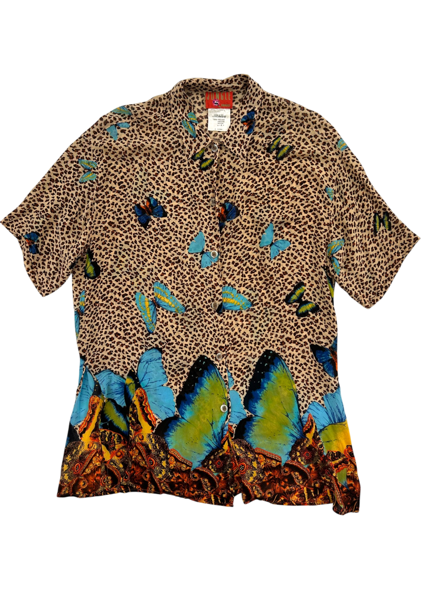 KENZO JUNGLE Vintage Sheer Leopard Butterfly Print Shirt