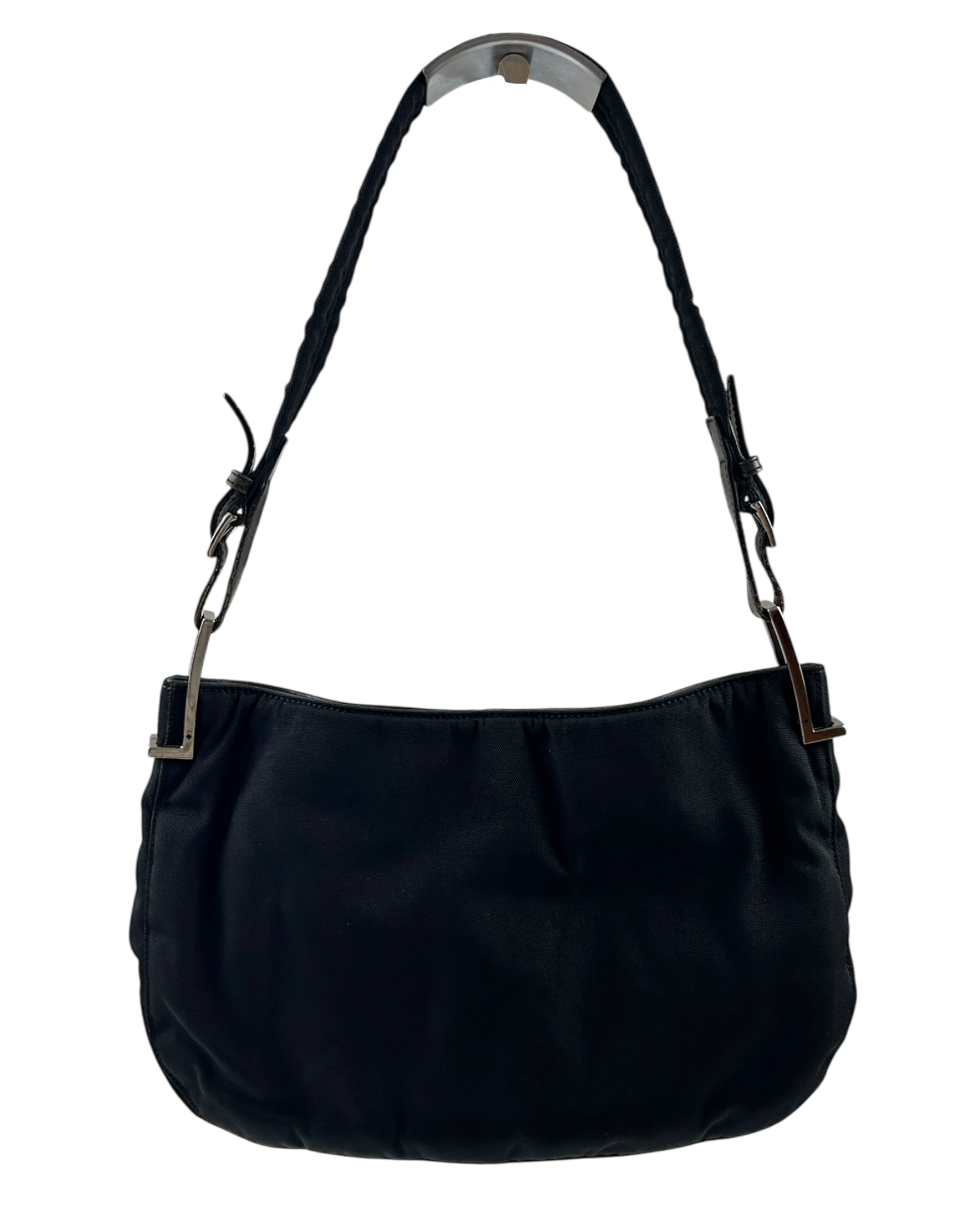 GUCCI VINTAGE (AS IS) 90s Black Nylon Shoulder Bag W/ Chrome Hardware