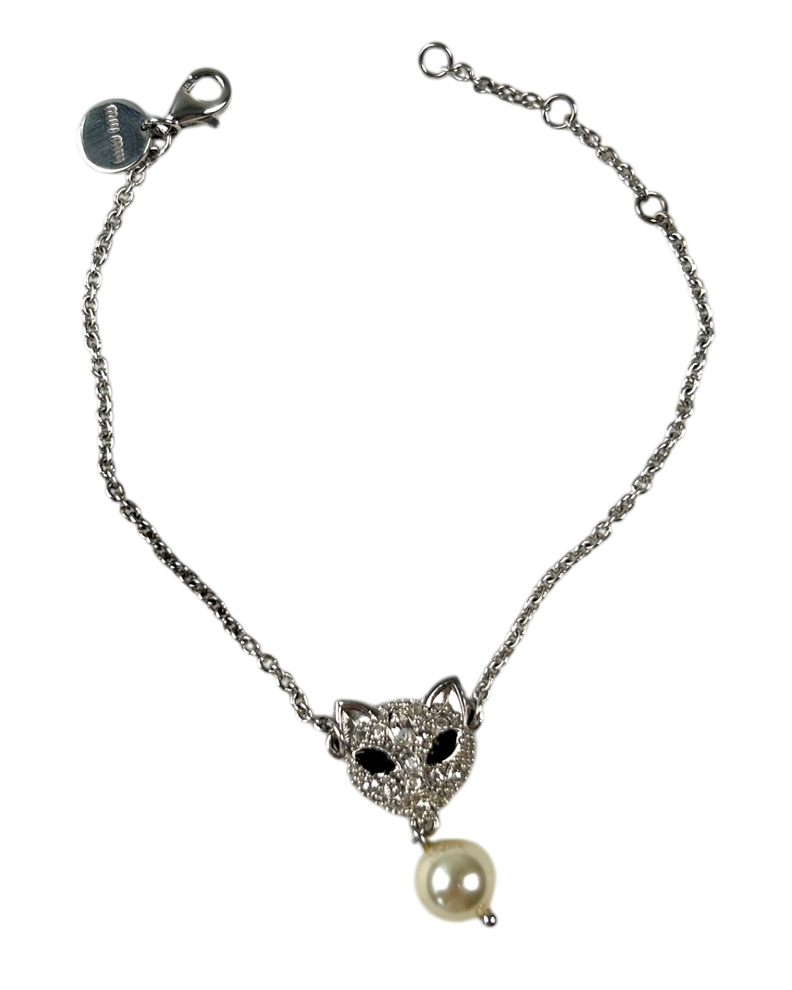 MIU MIU Silver Crystal Cat Pearl Bracelet