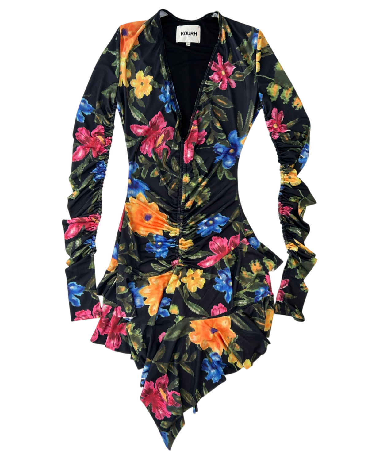 KOURH (AS IS) Abstract Floral Ruched Frill Dress