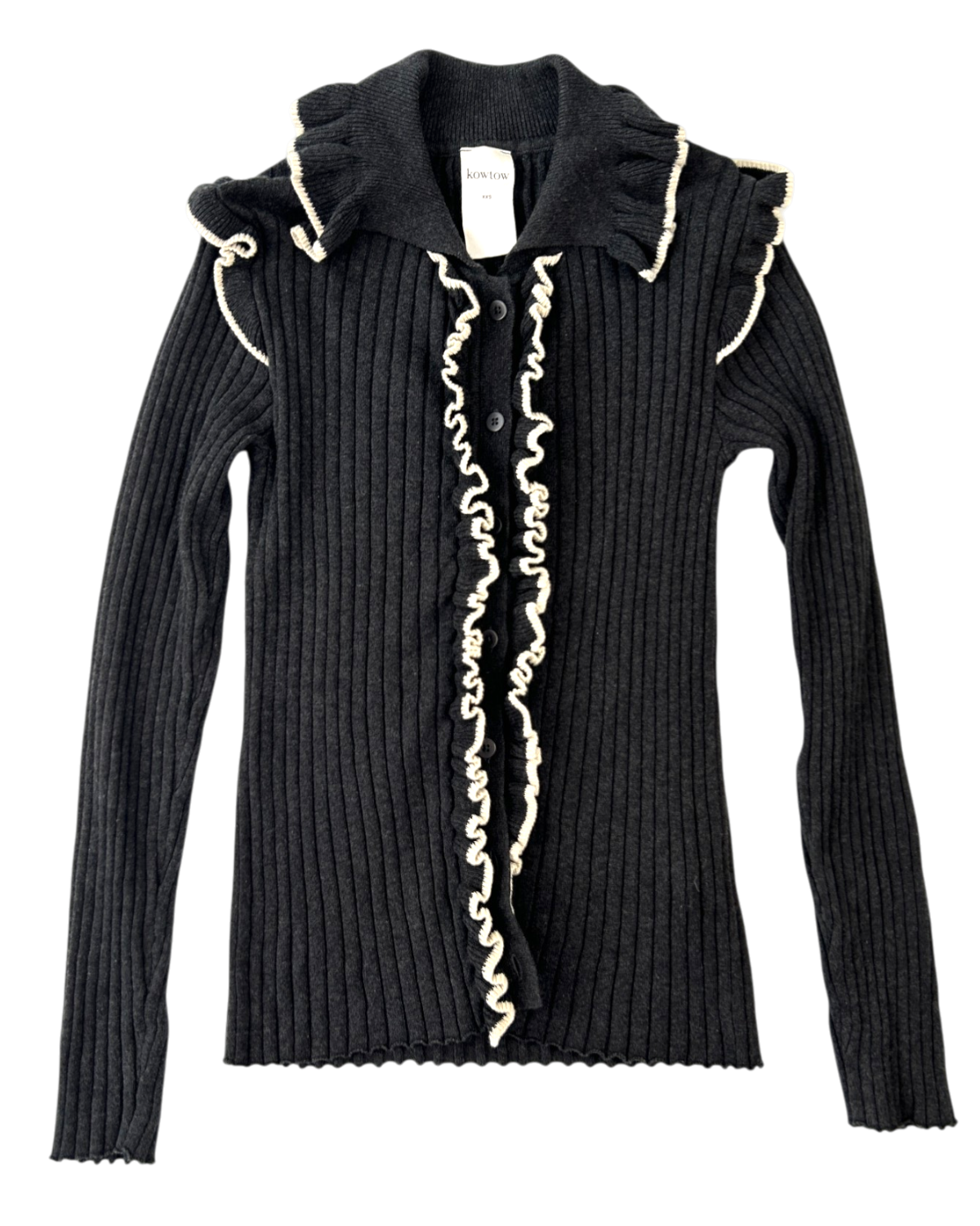 KOWTOW Grey Cotton Ribbed Knit Frill Cardigan