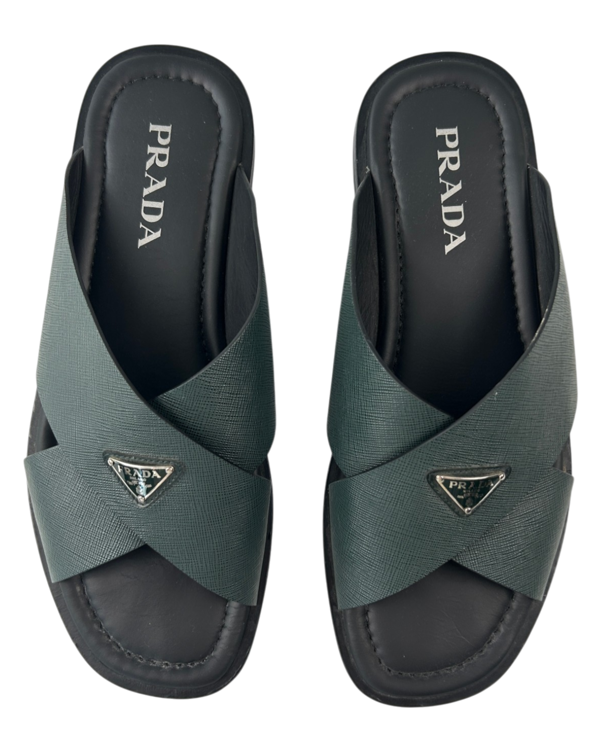 PRADA Green Saffiano Criss Cross Slides