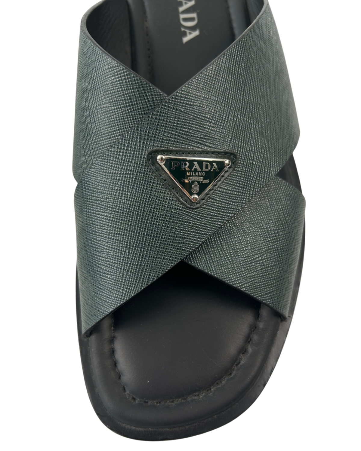 PRADA Green Saffiano Criss Cross Slides