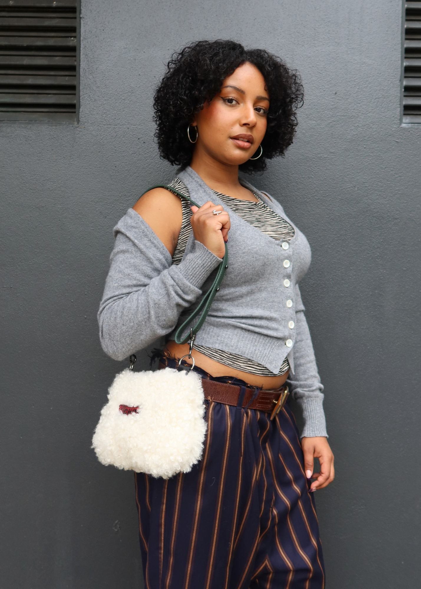 BICHON POCKETS White Shearling Bag W/ Green Leather Strap
